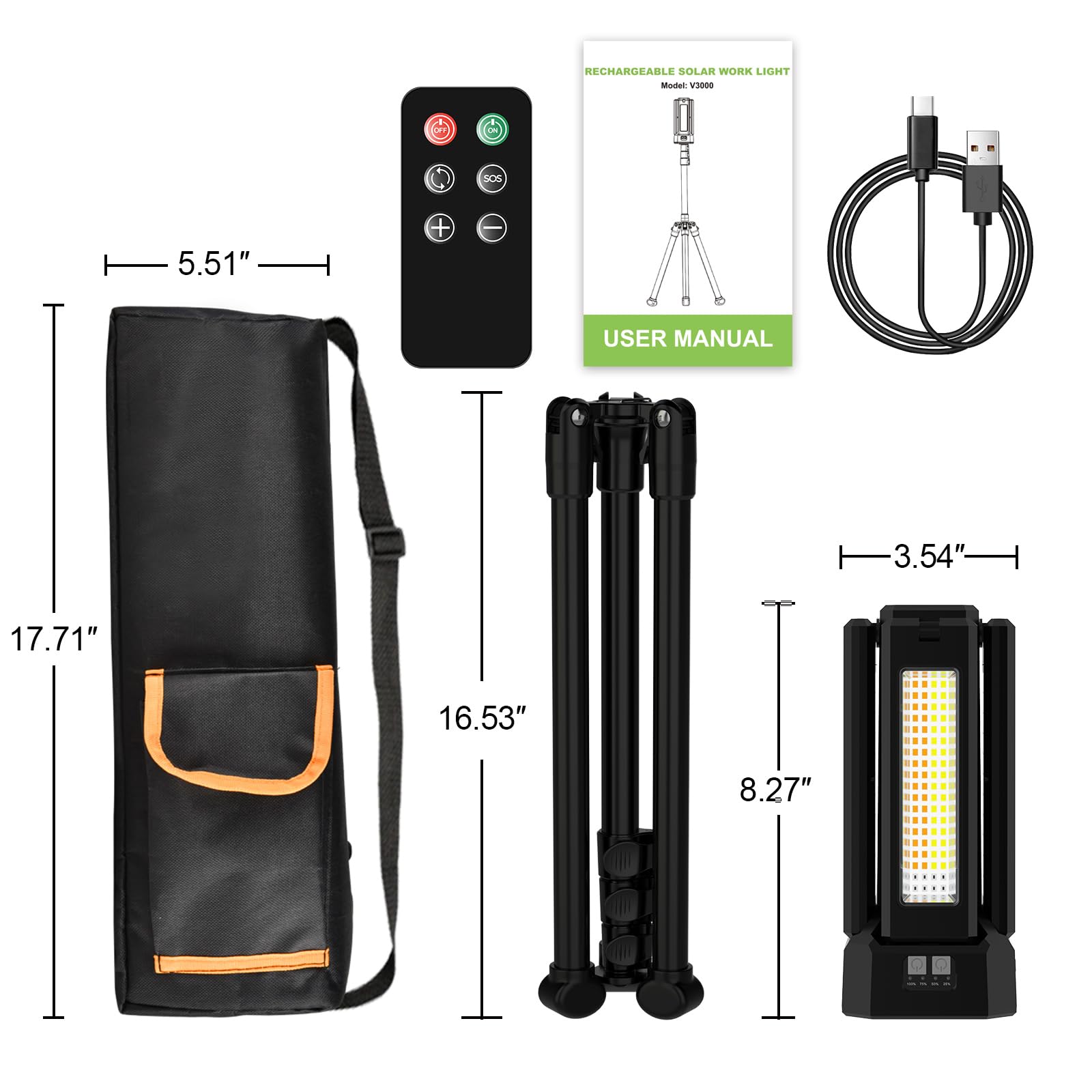 Projecteur LED Chantier Solaire Rechargeable 13200 mAh avec Trépied et Sac de Transport, Lampe de Chantier à Intensité Variable en Continu 8000 Lumens, Blanc/Chaud/Naturel (SOS) (avec télécommande)