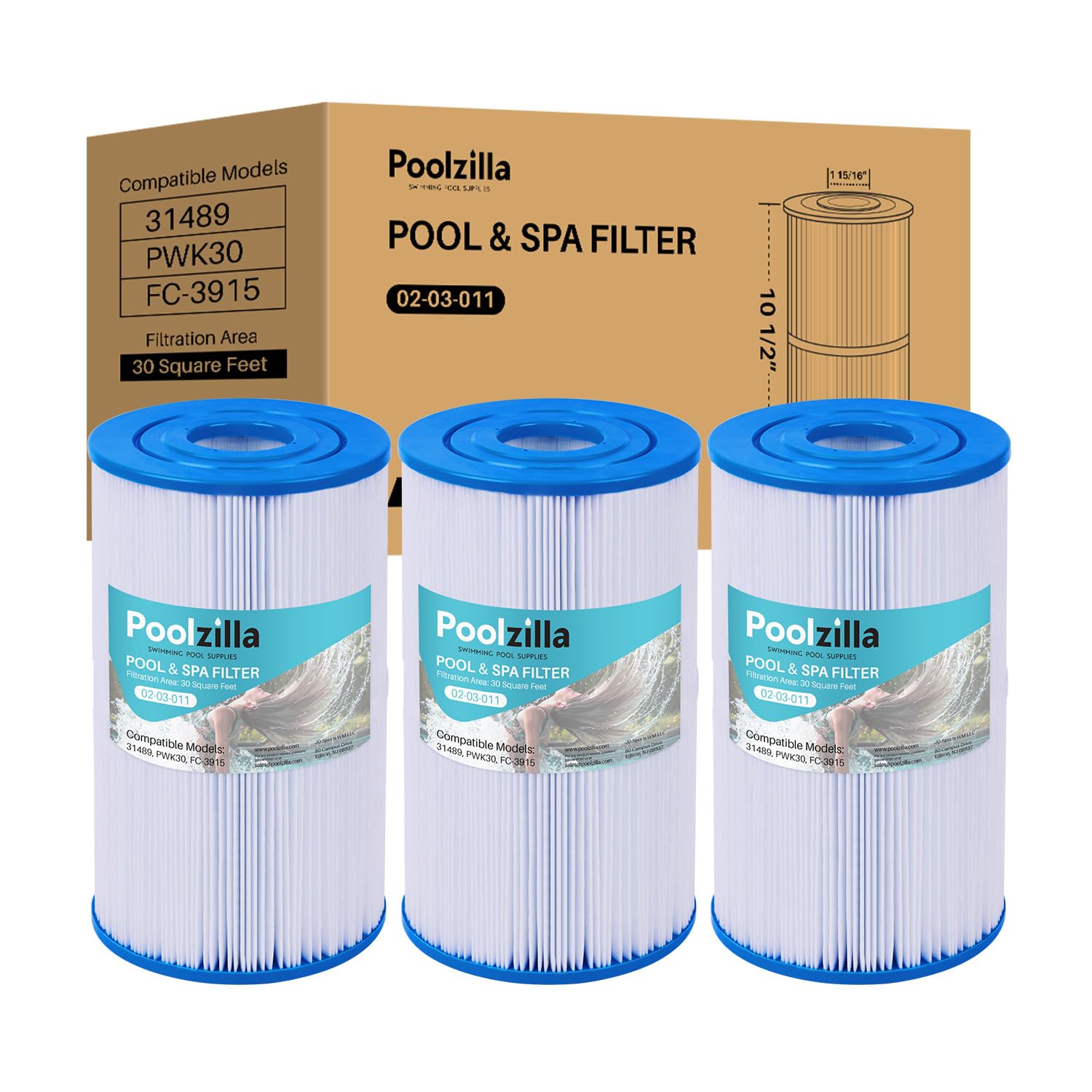 Poolzilla 3-Pack Replacement for Spa Filter C-6430, Pleatco PWK30, Filbur FC-3915, Unicel C-6430, APCC7095, PDC510-AFS, PKW30, SD-01242- Hot Tub Filter Cartridge (L x OD: 10 1/2” x 5 7/8”)