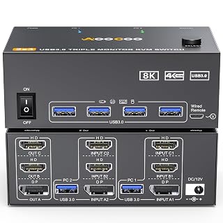 Triple Monitor KVM Switch HDMI DP 8K@60Hz/4K@144Hz, 3 Monitor KVM Switch Para 2 PC que comparten 3 monitores y 4 concentradores USB 3.0, controlador de escritorio y cables USB incluidos - Amazon product rated Grade A