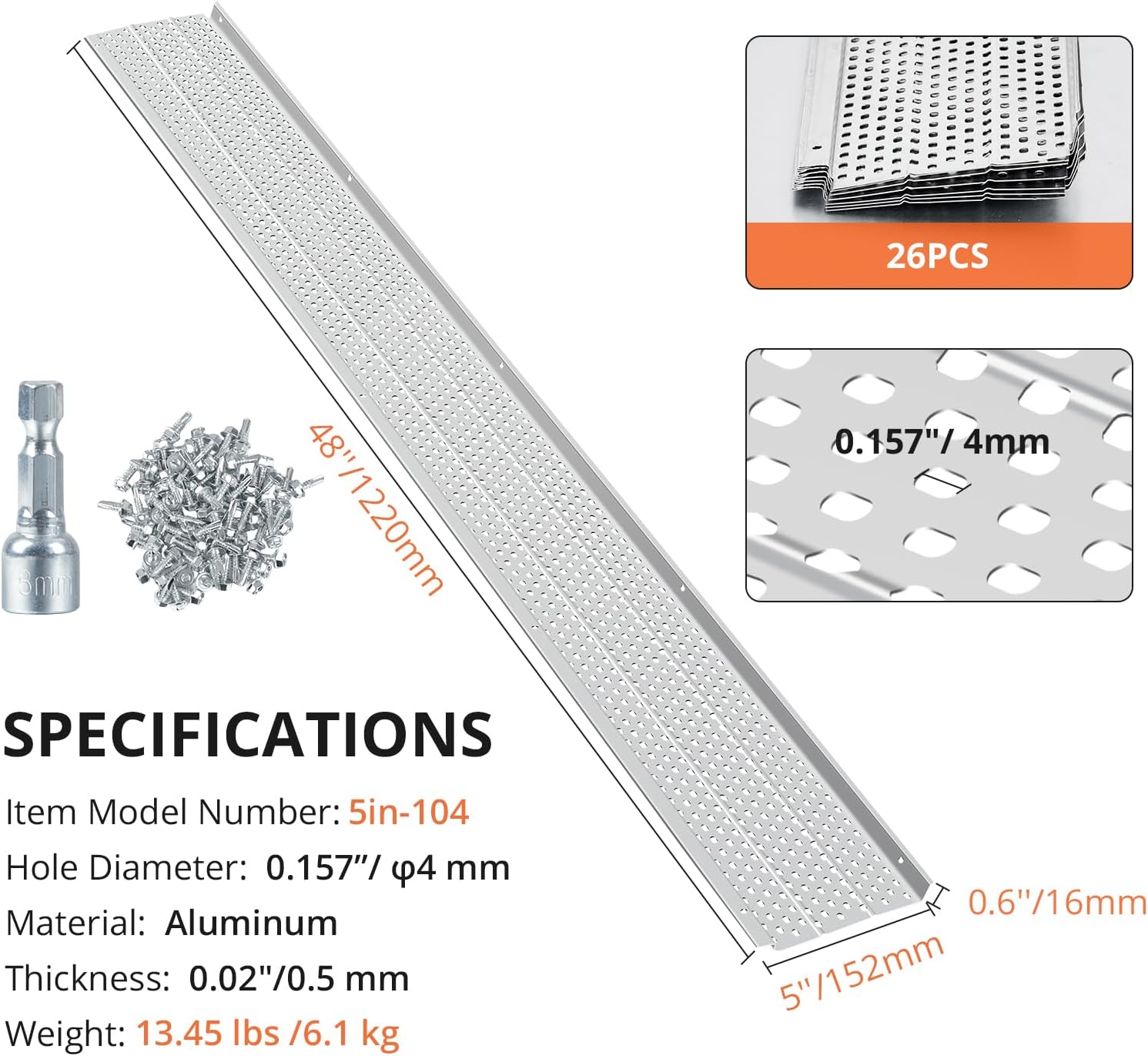 Zstar Gutter Guard 5 inch, 26 PCS 104 ft Total Length, Aluminum Leaf Filter Easy DIY Gutter Cover System, Protection Mill Finish, 0.157'' Hole Diameter, Gutter Guards Fits Any Roof or Gutter Type