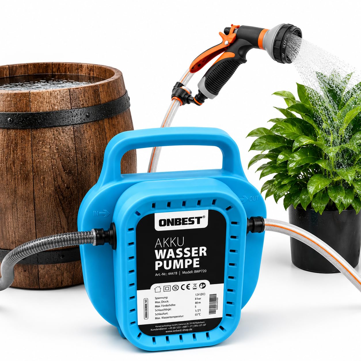 ONBEST Akku Wasserpumpe Komplettset: Schlauch, Brause, Filter & Ladegerät | 10 m Schlauch, 8000 mAh Akku, selbstansaugend, 8 bar – Regentonne