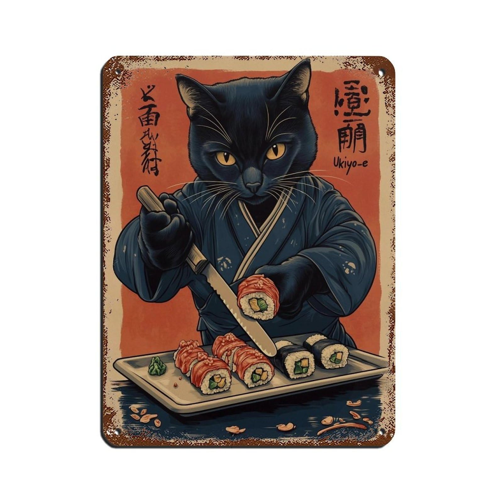 Lxwnze 30L X 40W Cm Cat Sushi Chef Art Poster, Tin Sign Vintage Metal Pub Club Cafe Bar Home Wall Art Decoration Poster Retro 12X16inch(30X40cm)