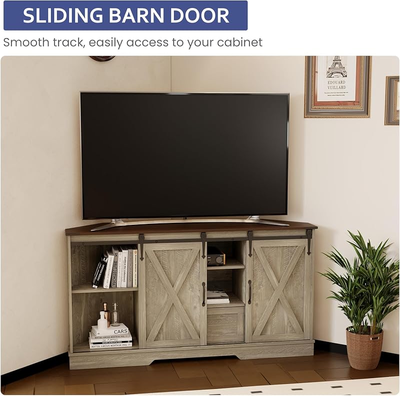 Corner TV Stand for 65 Inch TV - with Sliding Barn Door & Removable Shelves - Indoor Wood Entertainment Center - Media Console Cabinet - 58"x15.7"x31"H, Wash Grey image 3
