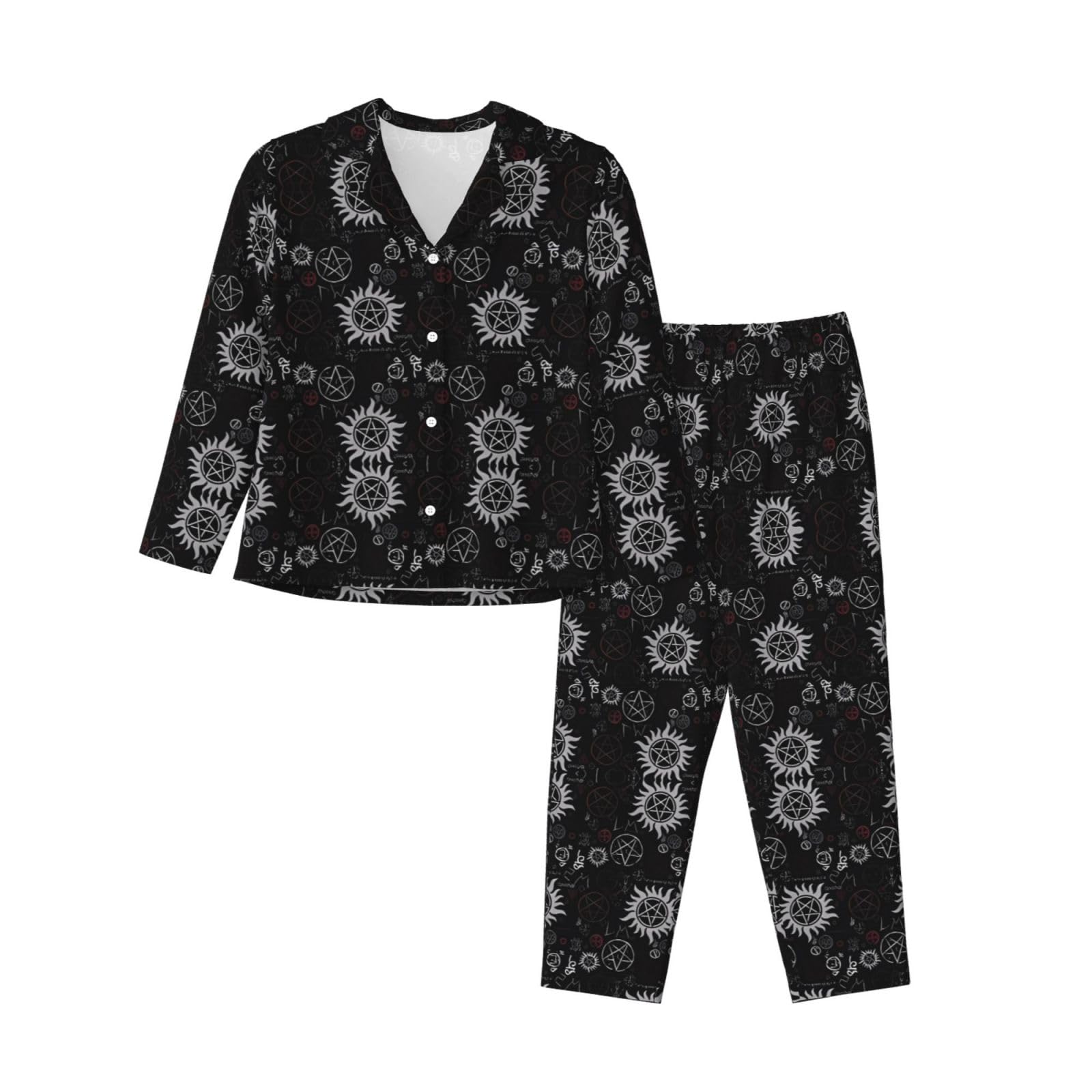 vacsAX Cozy and Breathable Women's Pajama Set - Relax in Style with Classic Collar and Elastic Waistband Supernatural Symbols Black