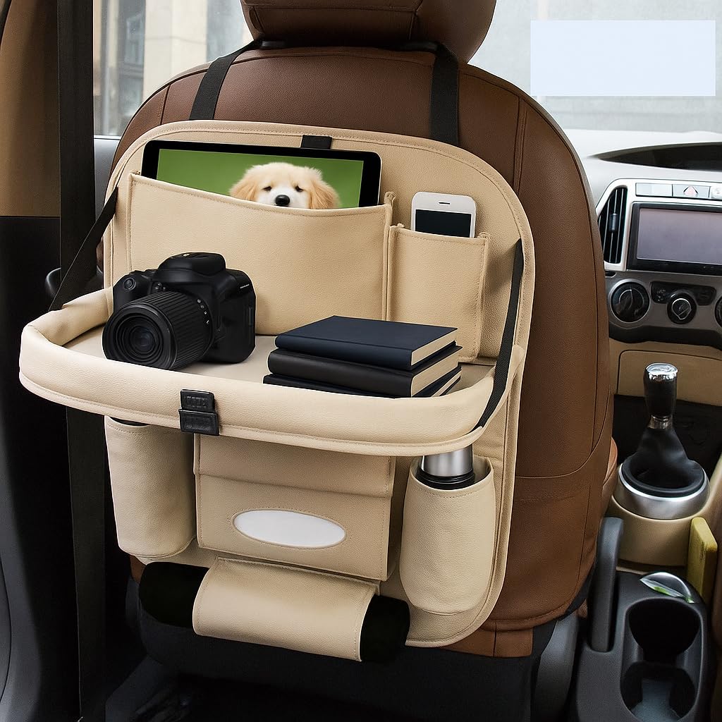 TSKN Premium Beige Car Backseat Organizer with Foldable Tray | Multi-Pocket Storage for Tablets, Phones, Bottles & Travel Essentials-image-20