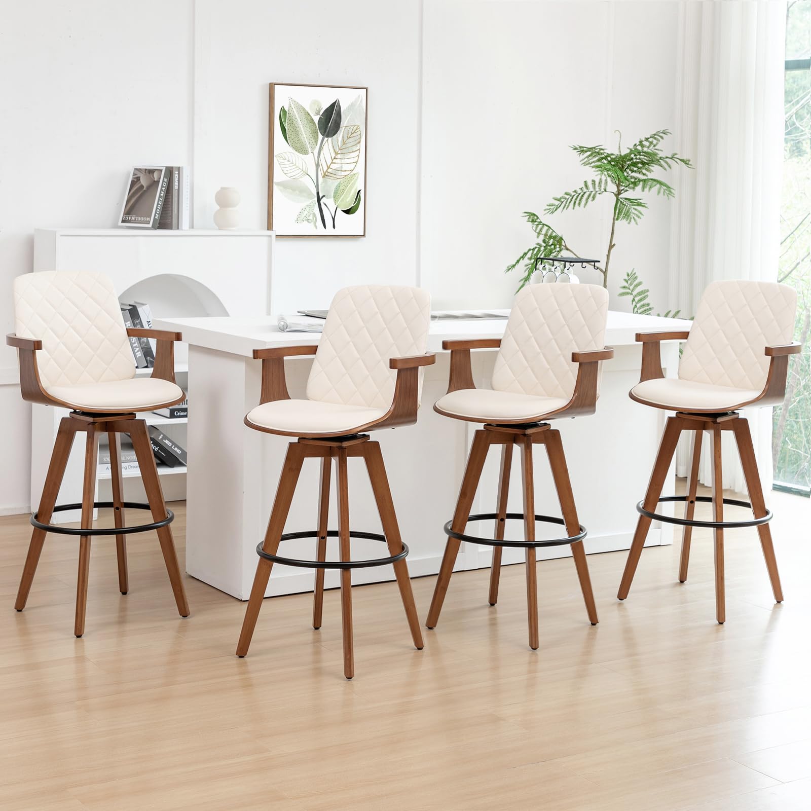 Set of 4 Bar Height Bar Stools - 29.12 inch Swivel Bar Stools with Curved Back and Arms, Walnut Craftsmanship, Upholstered Seat, Mid Century BarStools