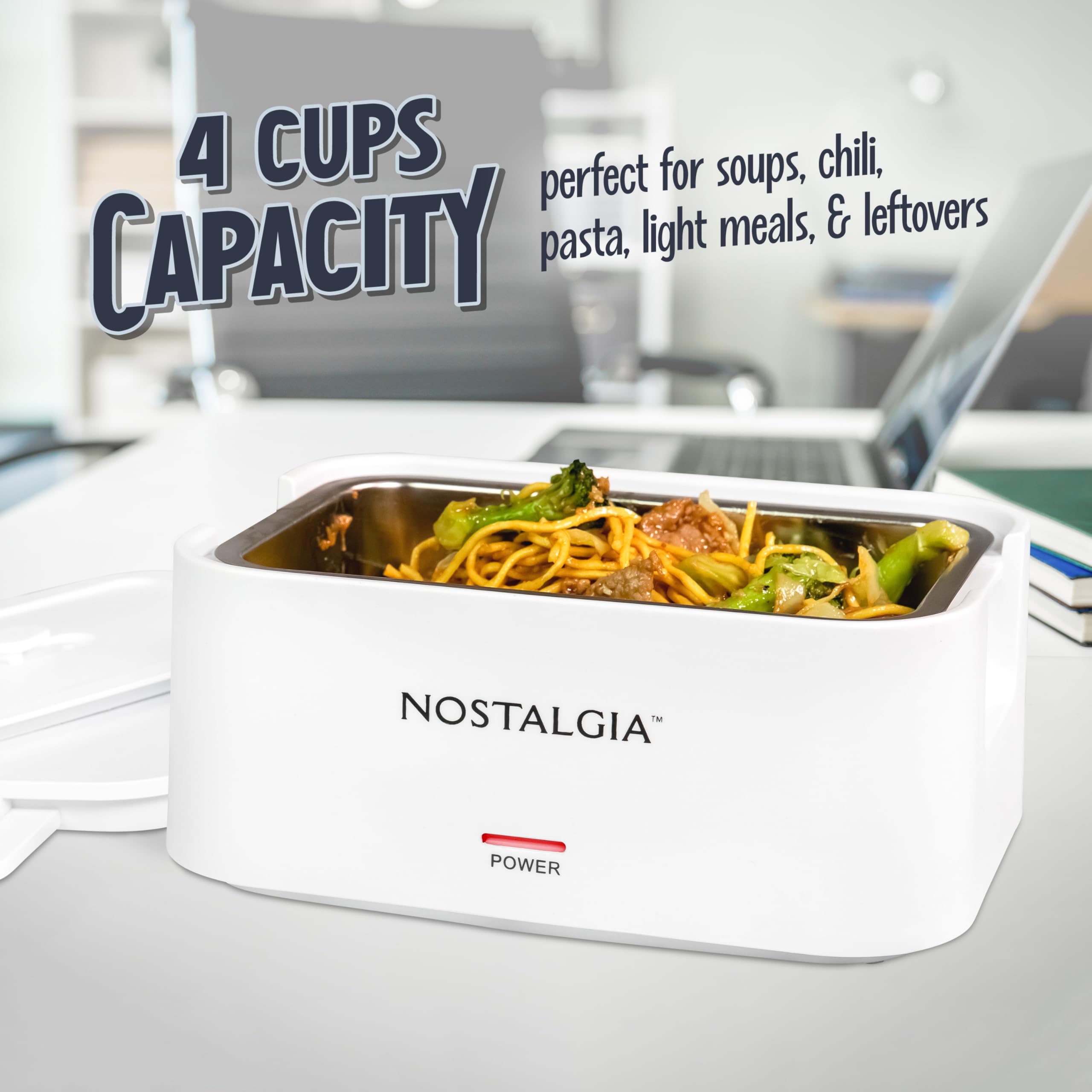 Nostalgia Lonchera portátil con calefacción, calentador de alimentos de acero inoxidable para 4 tazas, cable desmontable, tapa a prueba de fugas, asa de transporte, portátil para el trabajo y viajes
