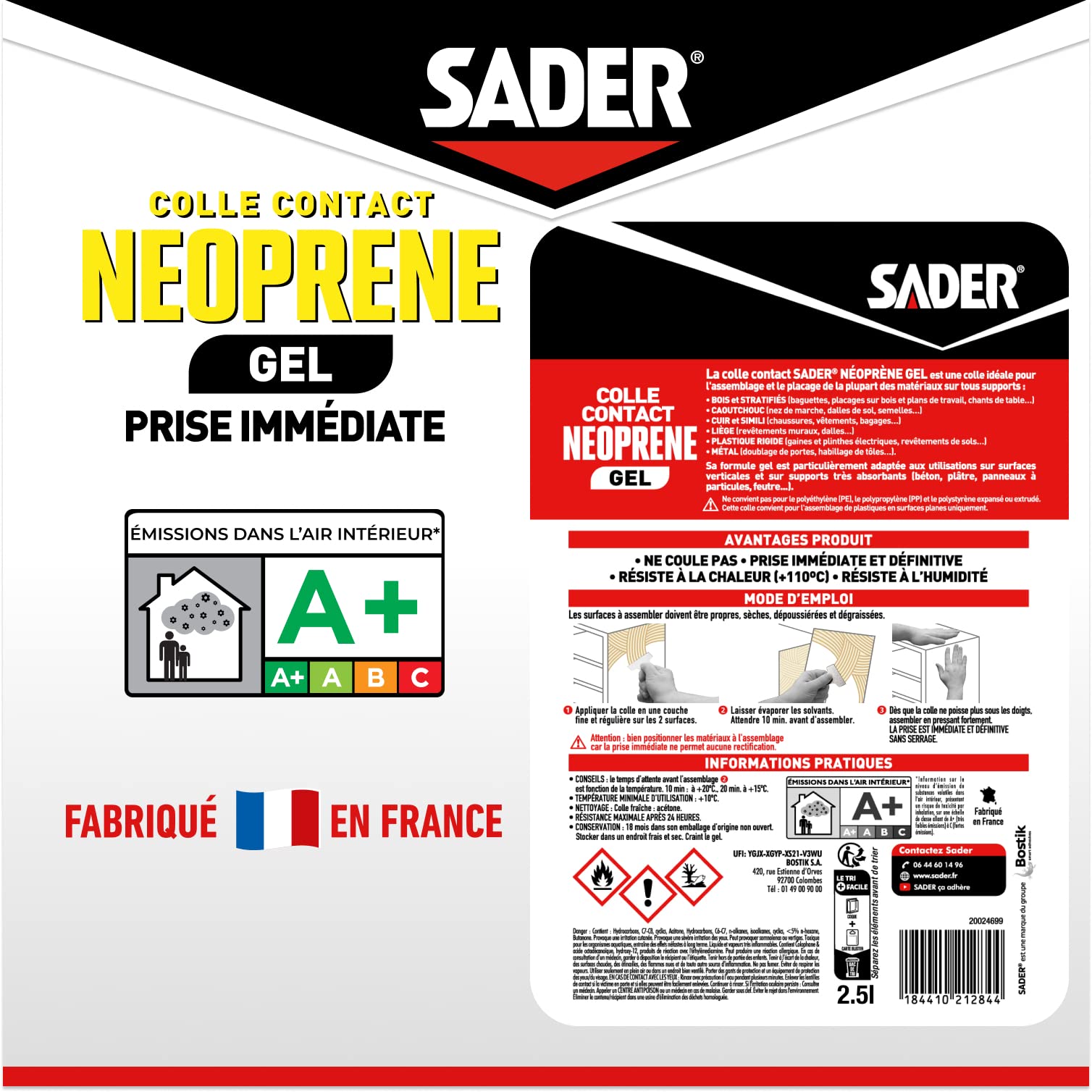 Sader Colle Contact Néoprène Gel – Colle Extra Forte Tous Matériaux – Prise Immédiate – Idéale pour Supports Poreux ou Verticaux – Seau de 2,5 L
