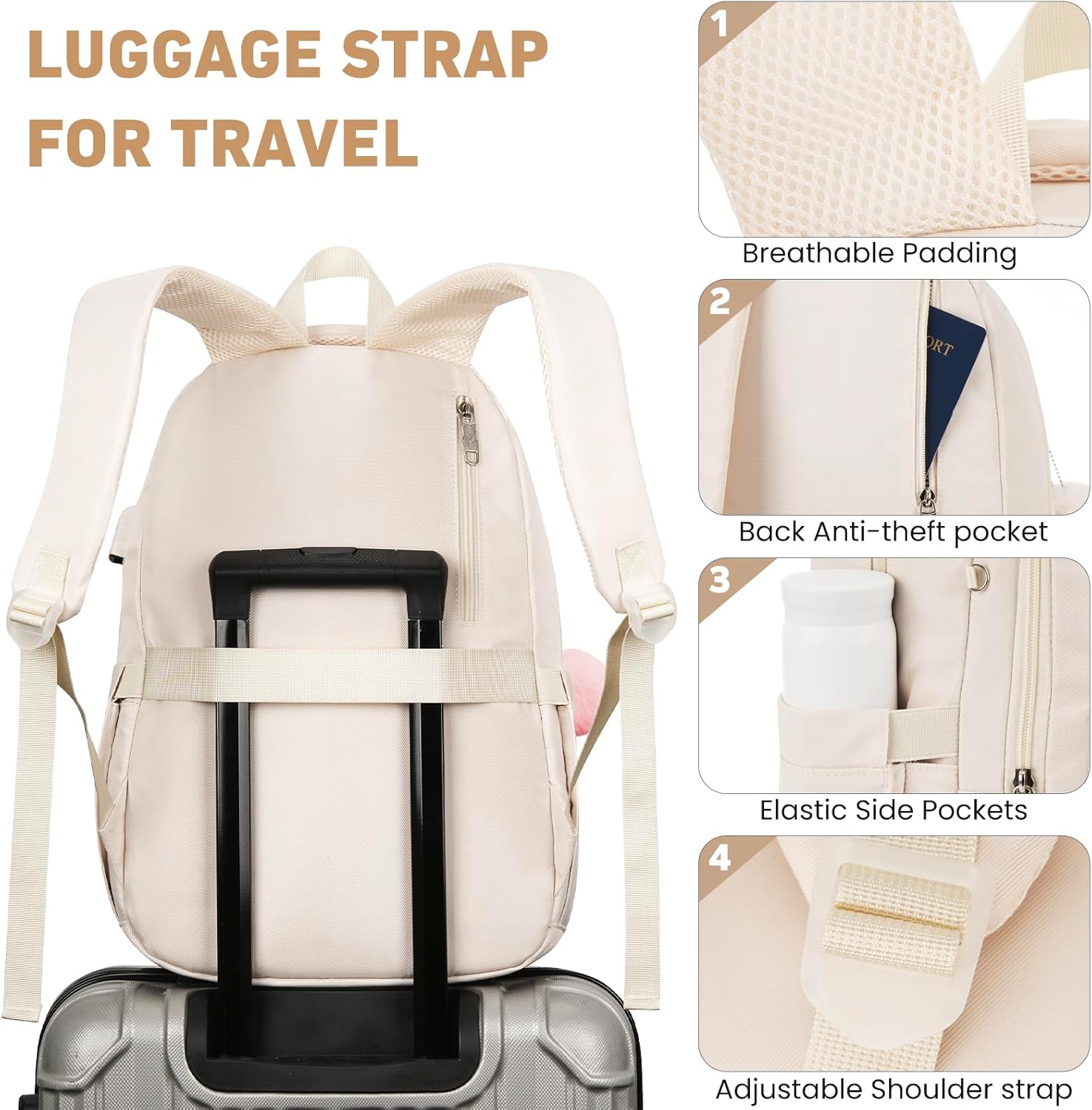 KROSIAS School Backpack for Girls Teens, Cute Aesthetic College Backpacks Large 15.6 Inch Laptop Bag Preppy Bookbag for Women Students Travel (Beige)