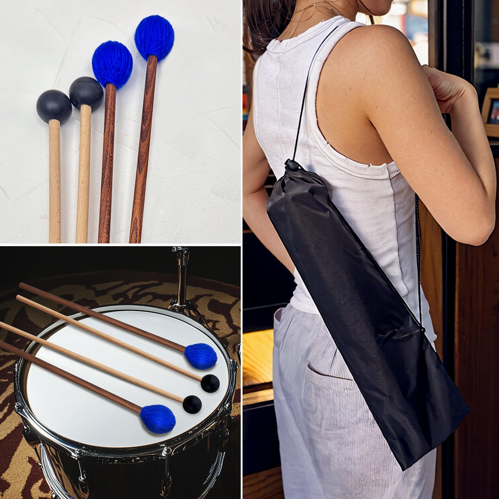 Kit de Maillets de Tambour – 2 Paires de Maillets de Marimba en Caoutchouc et Fil avec Sac à Baguettes, Accessoires d'Instruments de Percussion pour Tambour en Acier, Basse, Cymbales