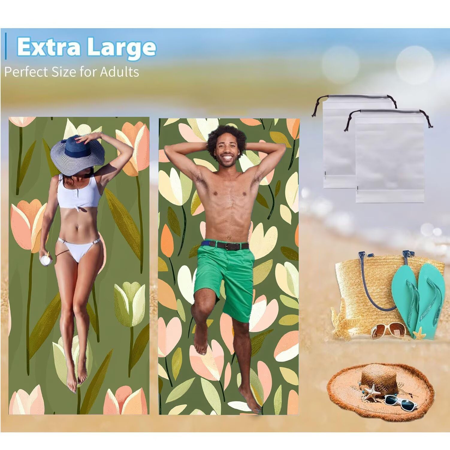 Ręcznik plażowy xxl 2 opakowania Duży ręcznik plażowy z mikrofibry 90 x 200 cm odporny na piasek, szybkoschnący, chłonny ręcznik kąpielowy, letni prezent (mały świeży tulipany) B-976