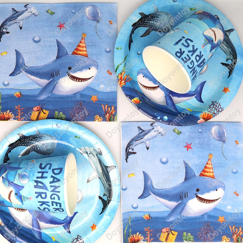 Stoviglie per Feste Squalo,Doyomtoy Animali Oceanici Compleanno Squali Decorazioni Ocean Sea Piatti di Compleanno, Tazze, Tovaglioli per Bambini Compleanno Favors 20 Ospiti