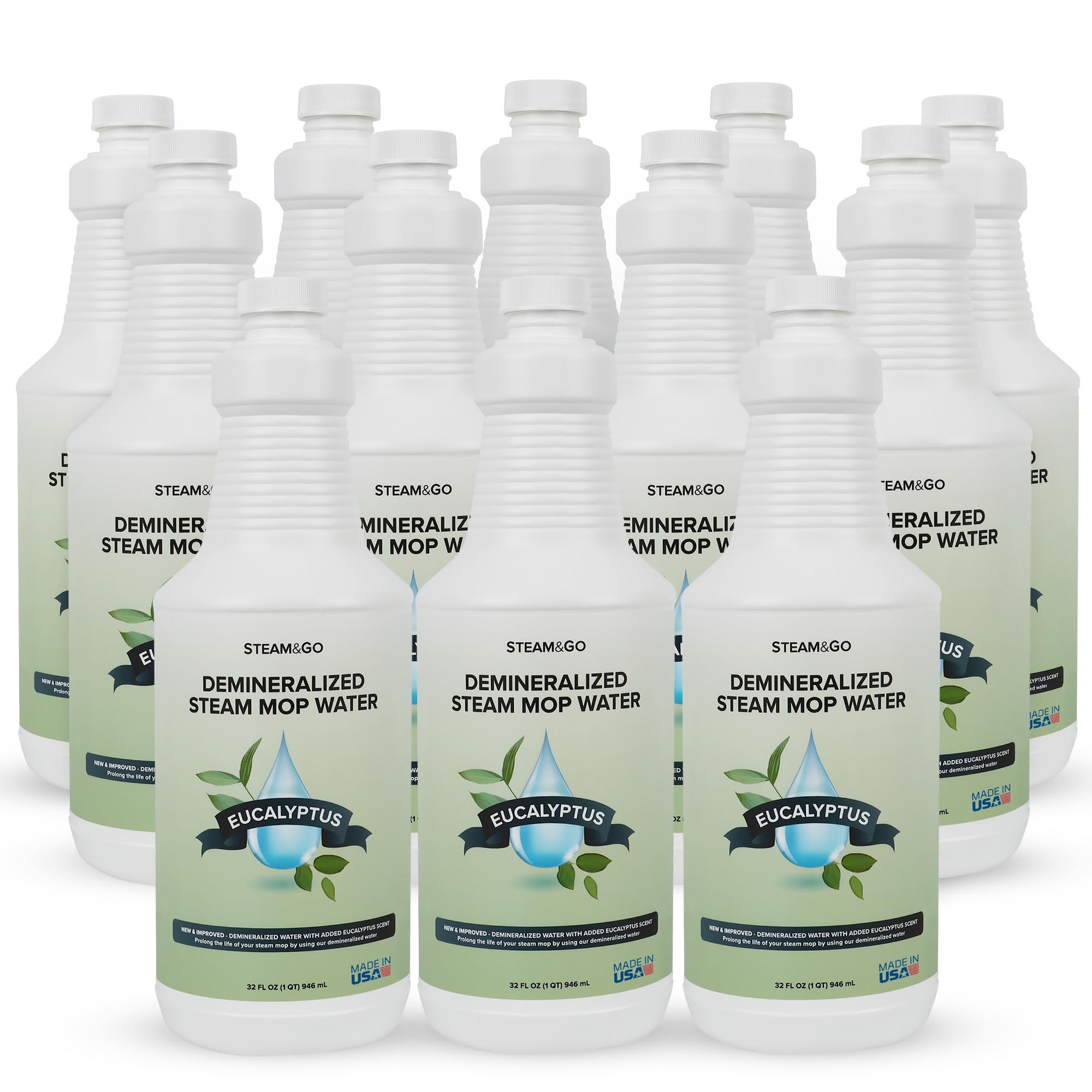 Steam and Go Demineralized Water - Multi-Surface Cleaning Solution for Steam Mop, Ready-to-Use Floor Cleaner, Ideal for Home & Office, Compatible w/Any Steam Mop - Eucalyptus Mint, 32oz, Pack of 12