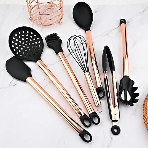 Miniatura 2 de BRIIEC Juego de 12 utensilios de cocina de cobre y negro con soporte, juego de espátulas de silicona con mango de acero inoxidable de oro rosa,