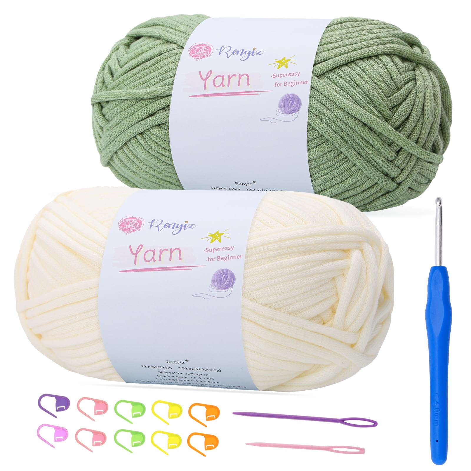 100gx2 Chunky Cotton Crochet Yarn with 4mm Hook, Soft Non-Split Thick Yarn for Amigurumi DIY Gifts, Home Decor, Beginner Projects (Avocado+White