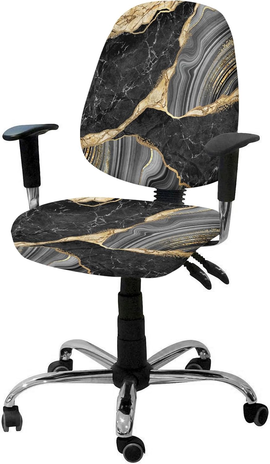 Abstract Marble 2 Pieces Computer Office Chair Covers Set, Stretchable Desk Rotating Chair Seat Cushion Slipcover Back Covers, Decorative Protectors Cover ContemporaryGeometric Black Grey Gold