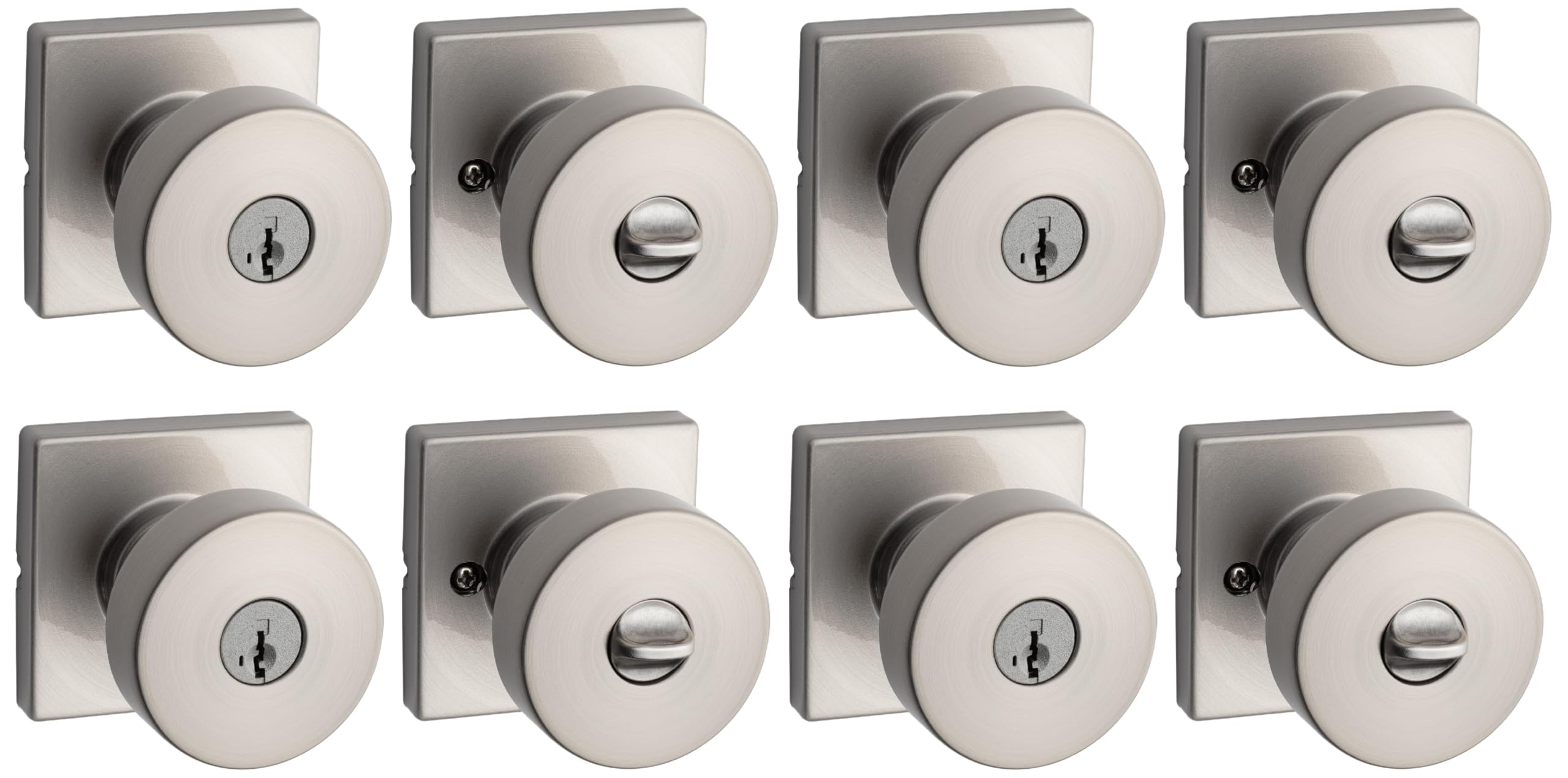 Kwikset Pismo Entry Door Knob with Lock and Key, Secure Keyed Handle Exterior, Front Entrance and Bedroom, Satin Nickel, Pick Resistant SmartKey Rekey Security and Microban (Pack of 4)