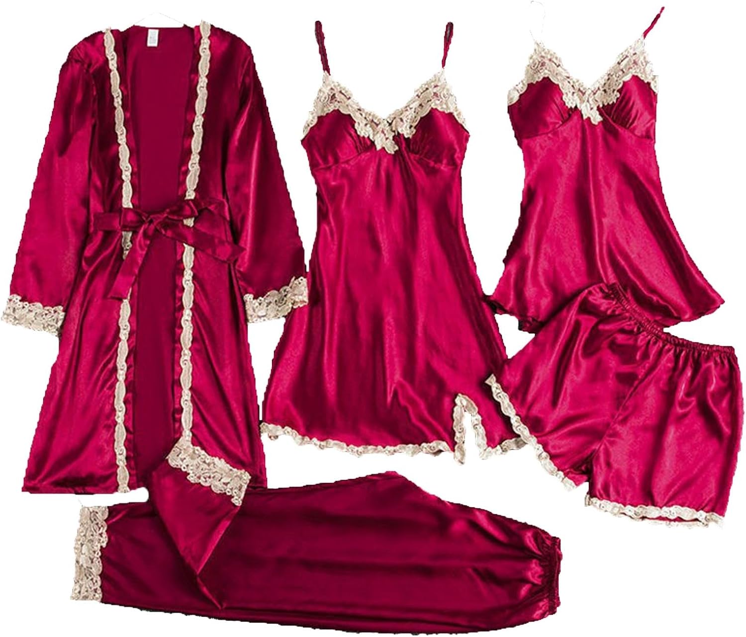 Silk Pajamas for Women 5Pcs Sleepwear Lace Loungewear Satin Robe Cami Dress Shorts Pants Pj Set Soft Cozy Nightgowns