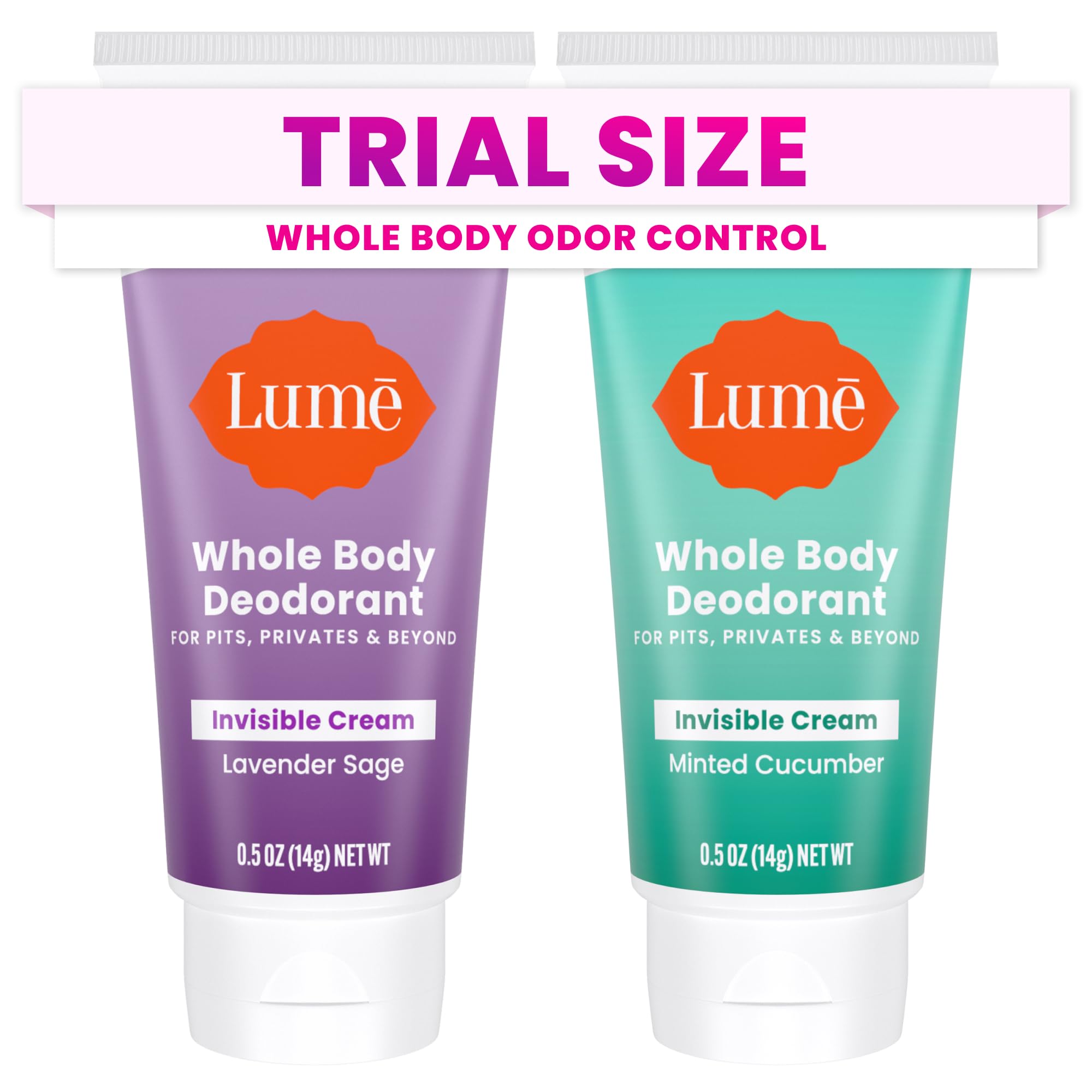 Lume Whole Body Deodorant - Mini Travel Size Invisible Cream Tube - Trial Size - 72 Hour Odor Control - Doctor Developed - Aluminum and Baking Soda Free - .5oz (2 Pk) (Lavender Sage & Minted Cucumber)