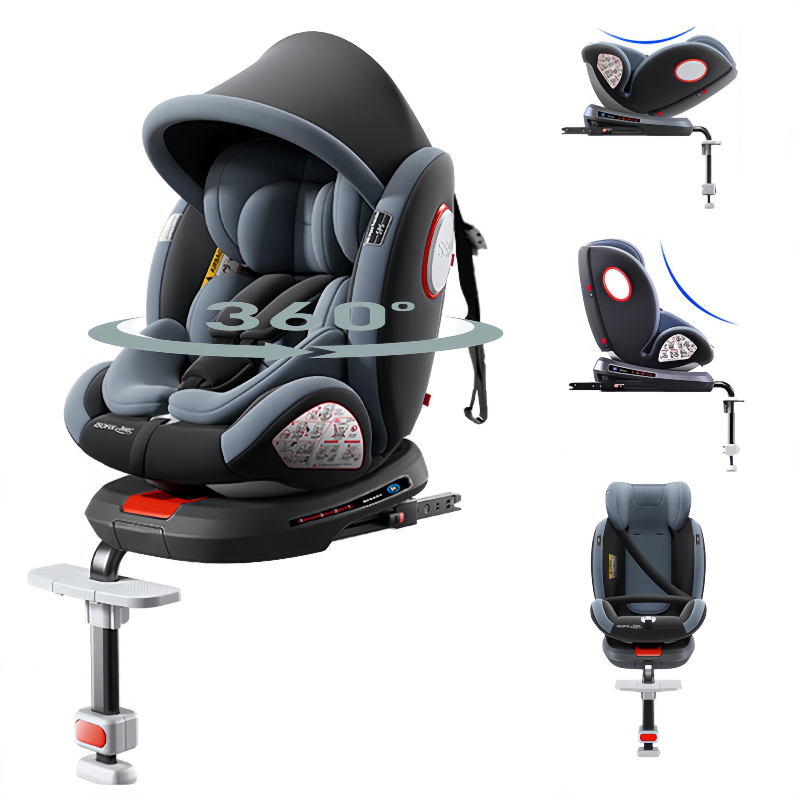 Siège Auto Pivotant À 360° avec Appui-Tête Réglable, Siège Auto Bébé Multifonctions, Housse de Siège Amovible, Capote et Repose-Pieds (Grey-High Version)