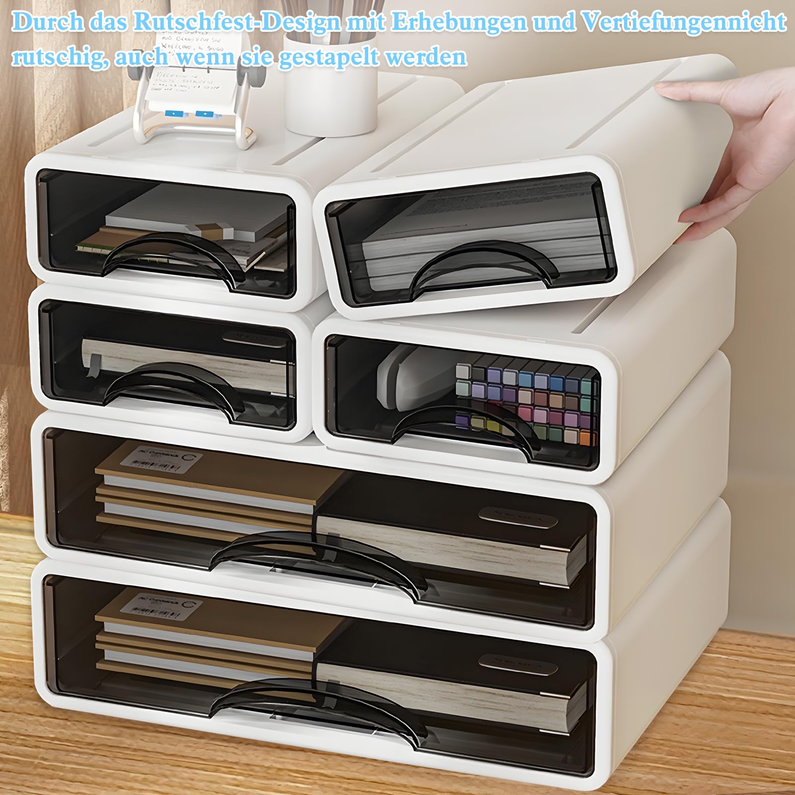 6er Set Schreibtisch Schubladenbox A4 A5 Gross, Büro Organizer mit Schubladen Stapelbar, Aufbewahrungsbox mit Schublade für Stifte, Radiergummi und Schreibwaren