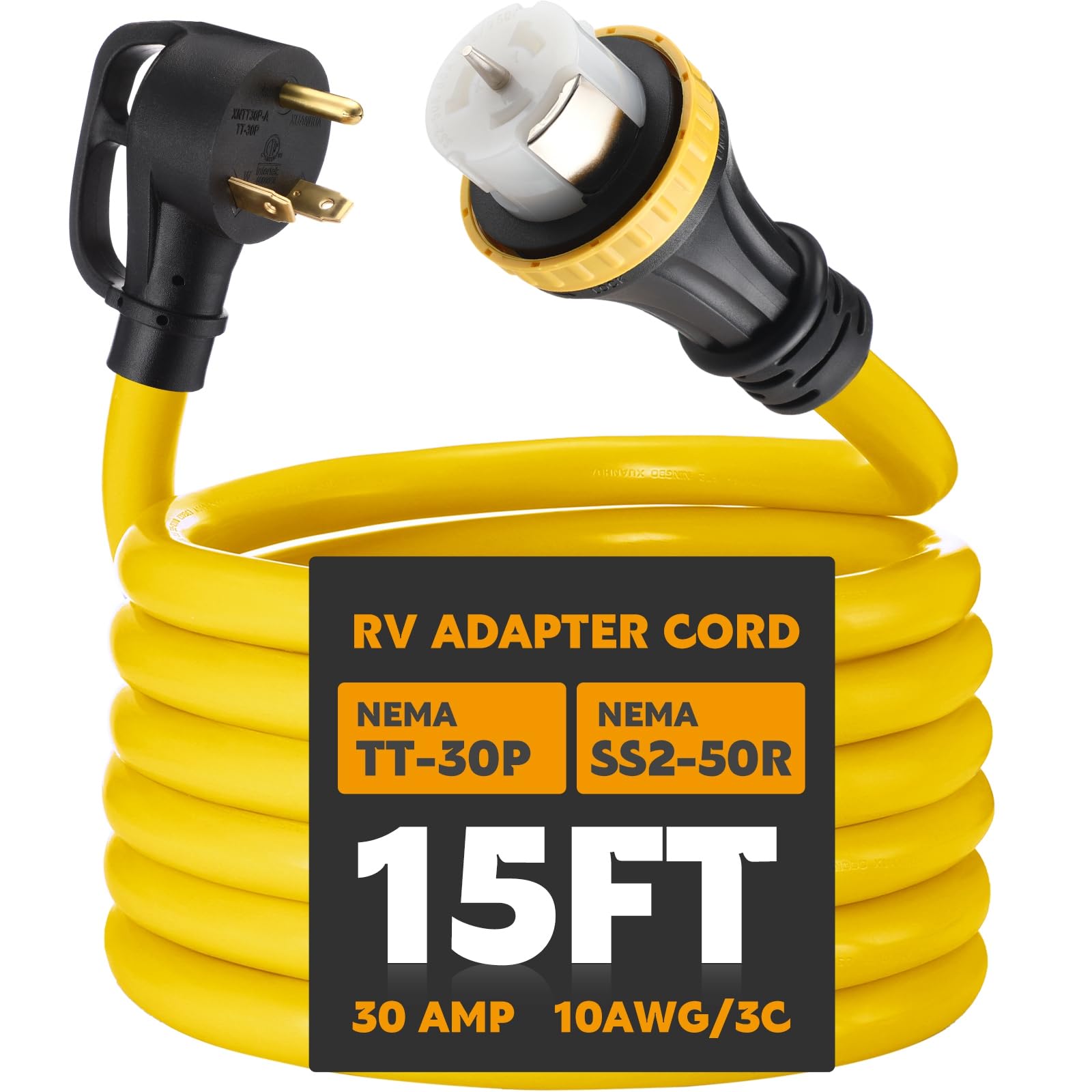 Photo 1 of Tellegloww 15ft 30 Amp to 50 Amp RV Locking Adapter Cord NEMA TT-30P Male to SS2-50R Locking Female Power Dog Bone Plug for RV Trailer Camper, STW 10 AWG/3C