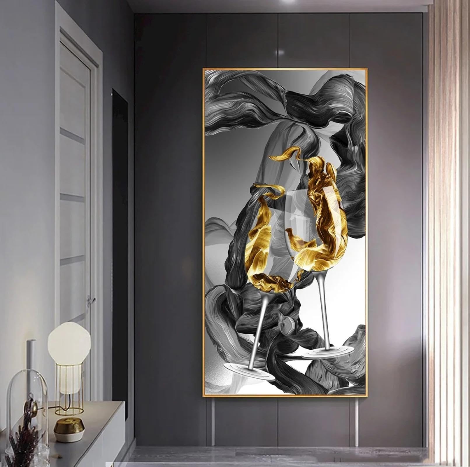 LMYSXAOZ Modern Abstract Posters and Prints Light Luxury Golden Wine Glass Canvas Painting Black Wall Art Pictures Decor(55x110cm/Internal Frame)