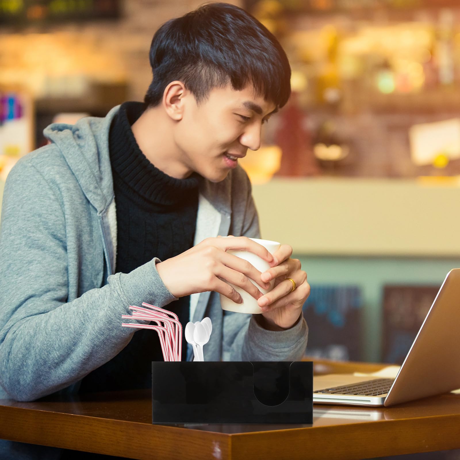 Levemolo Organizzatore per Bar Caffè in Legno Scomparti, Porta Cannucce e Scatola Bustine Tè, Contenitore per Stazione Caffè da Banco, Accessorio per Forniture Bar e Bevande
