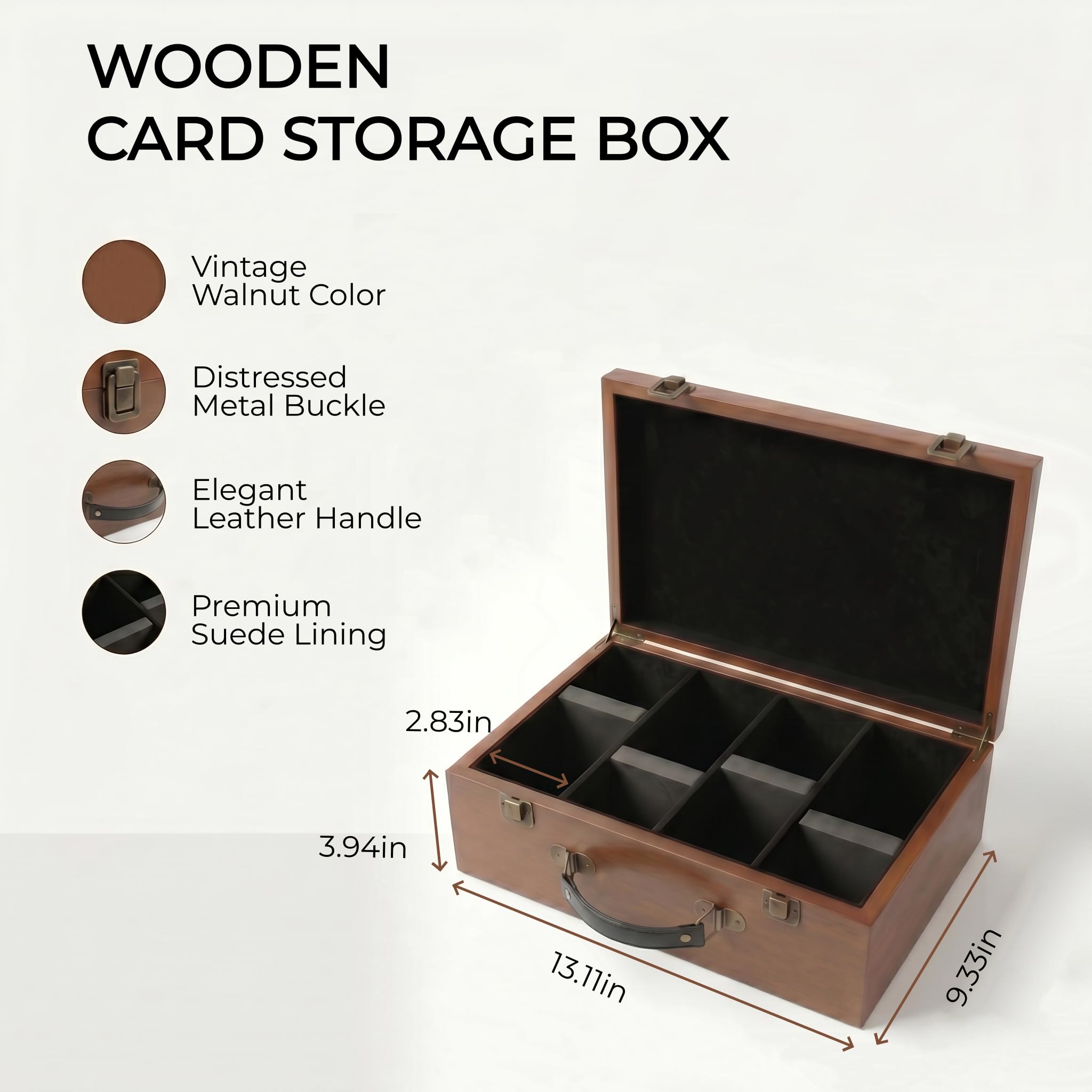 WOPITUES Caja de almacenamiento de tarjetas coleccionables con asa, caja de tarjetas de 4 filas con capacidad para 1600 tarjetas con funda, caja de madera MTG Commander con 10 separadores y 4 tapones