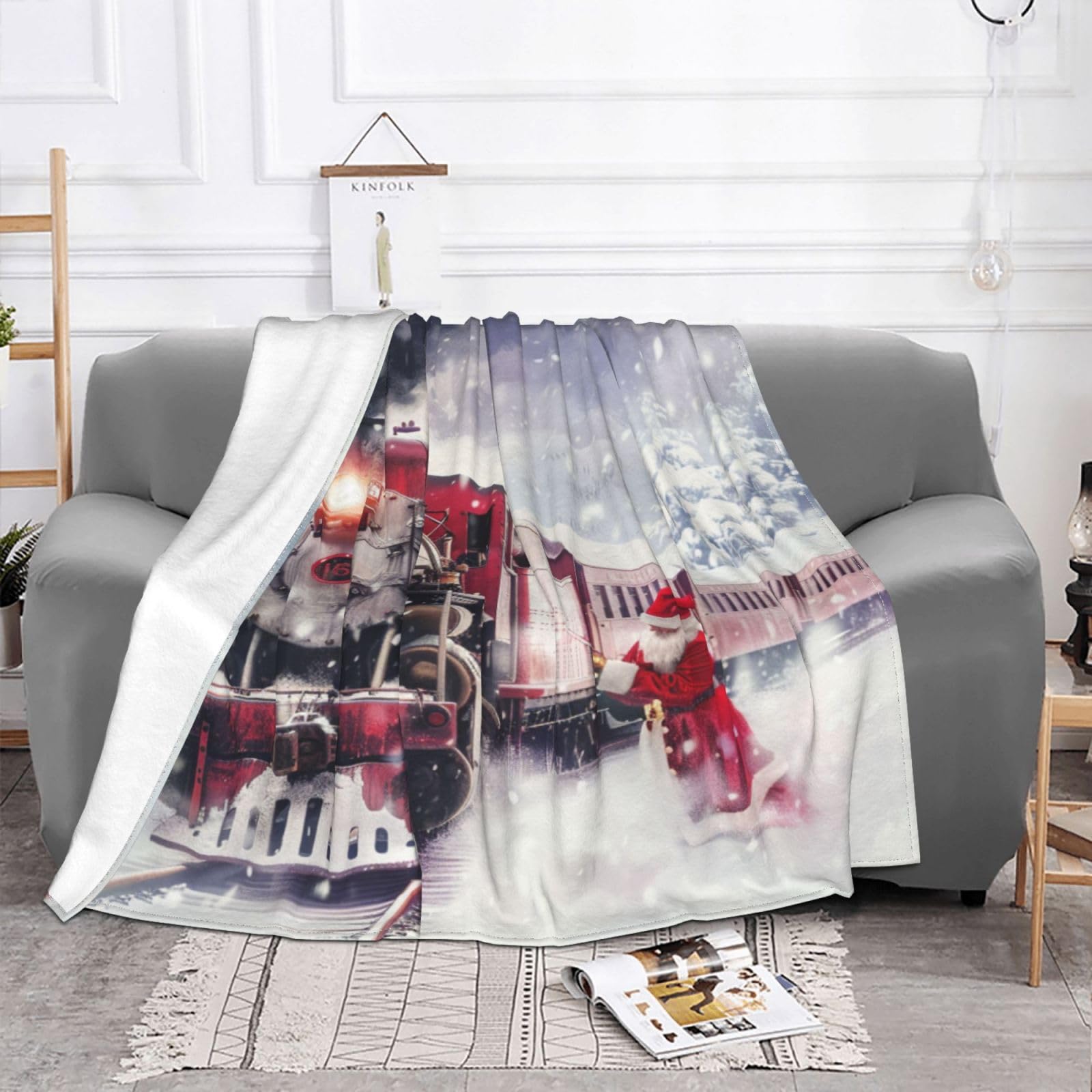 Mexpekil Coperta invernale con treno a vapore, motivo natalizio con fiocco di neve, morbida e calda, in flanella, decorativa, per letto, divano, viaggio, 125 x 150 cm