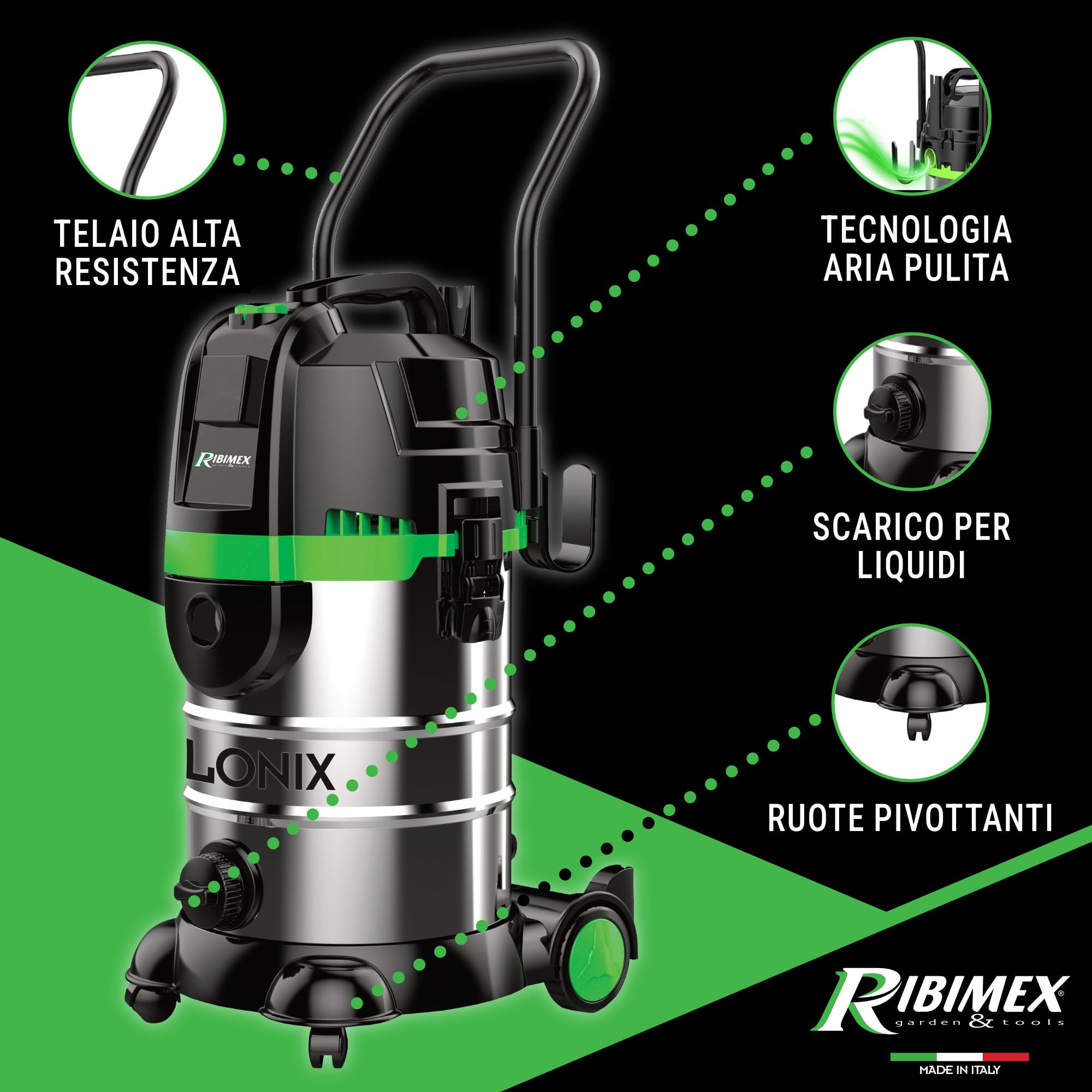 Ribimex Aspiratore Ciclonico 4 in 1 Cyclonix, Aspiratore Solidi, Liquidi e Cenere, Bidone da 30 L, 1600 W, Funzione Soffiante e Scarico Liquidi, Presa Elettroutensili, Accessori Inclusi - PRCEN023