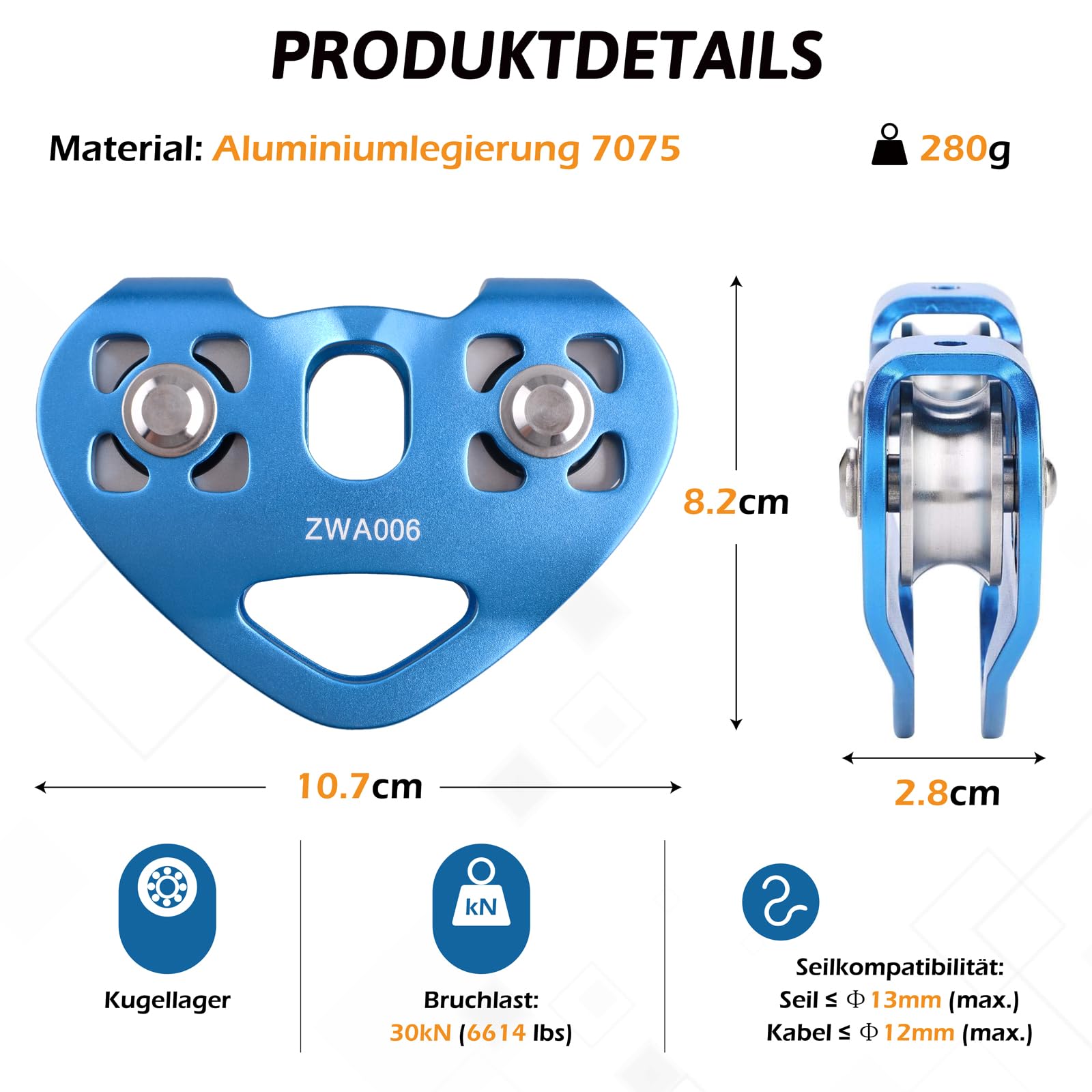 TRIWONDER 30kN Seilrolle Umlenkrolle, EN12278, Doppelseilrolle für Stahlseile 8-12 mm Ø und Textilseile bis 13 mm Ø