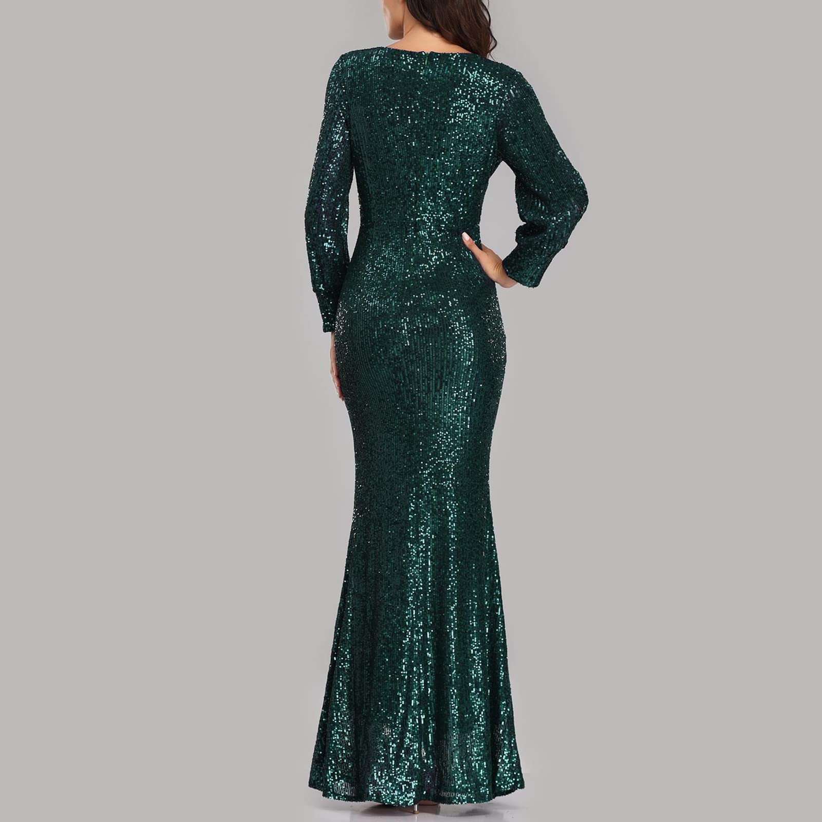 Nidddiv Vestido largo para mujer, elegante, manga larga, vestido de noche, cuello en V, lentejuelas, ajustado, vestido de cóctel, vestido de noche, vestido de fiesta, vestido de fiesta