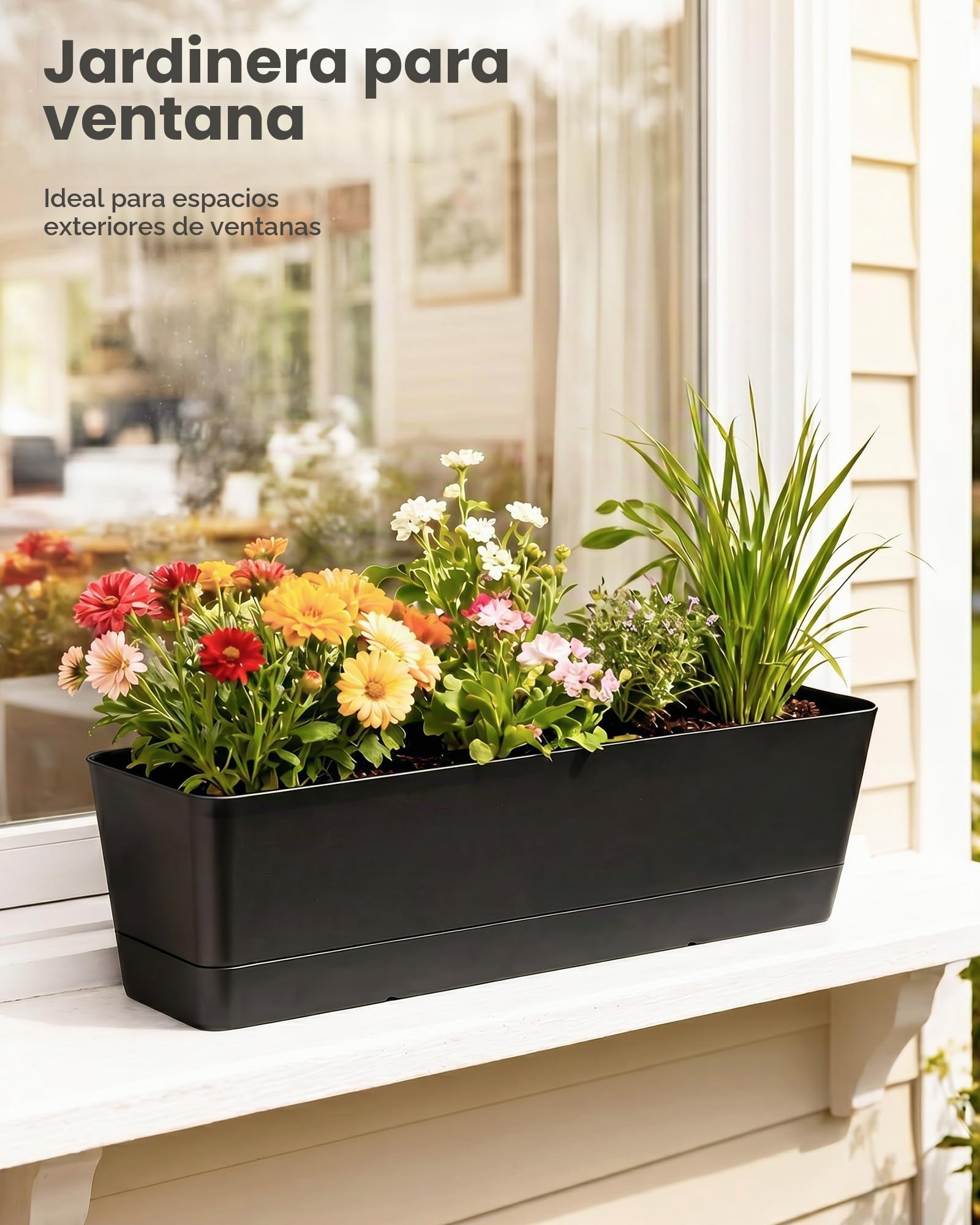 Bamworld Macetas y Maceteros de Plástico Juego de 3 Jardineras para Ventana 40x10 cm con Bandeja para Hierbas en Balcón Oficina de Interior y Exterior