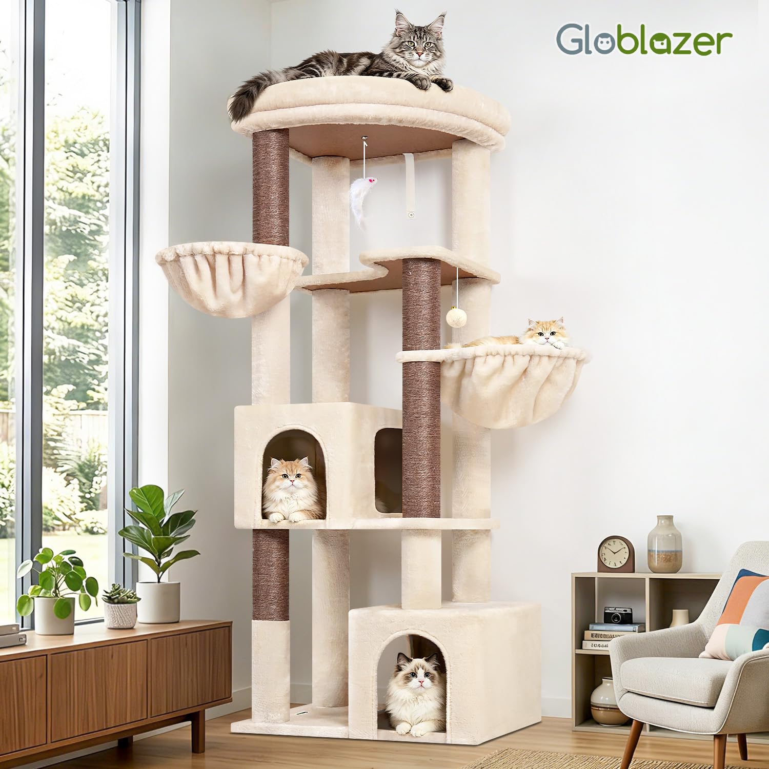 Globlazer Árbol Rascador Beige Esquinero Alto 163 cm con 2 Grande Nidos 45*30*30CM, Inmenso Plataforma Acolchada, 2 Suave Cesta, 4 Postes de Sisal, Estable Rascador para 2-4 Gatos Adulto (C64, Beige)