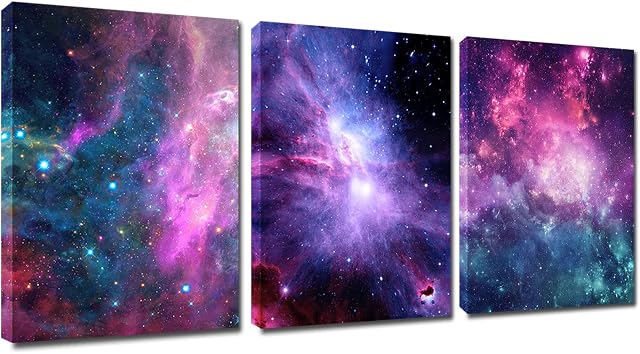 Outer Space Wall Art Posters/ Blue Nebula Framed Modern Poster for Room Decor/ 3 Pieces Milky Way Wall Art Paintings Pictures / Universe Galaxy Canvas Prints Ready to Hang for Living Room Teens Boys