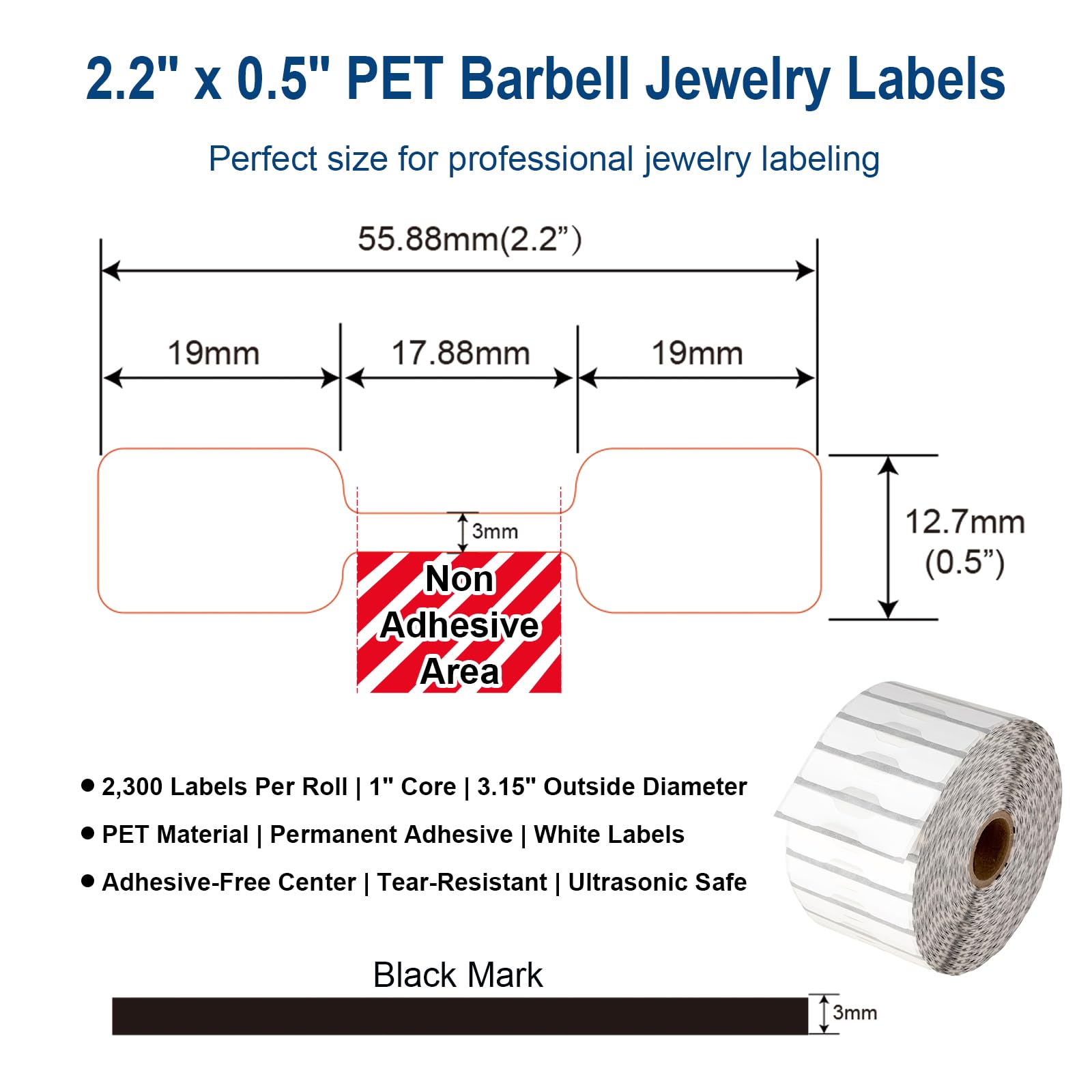 Étiquettes à bijoux en PET de 5,6 x 1,3 cm avec ruban en résine de 5,69 cm