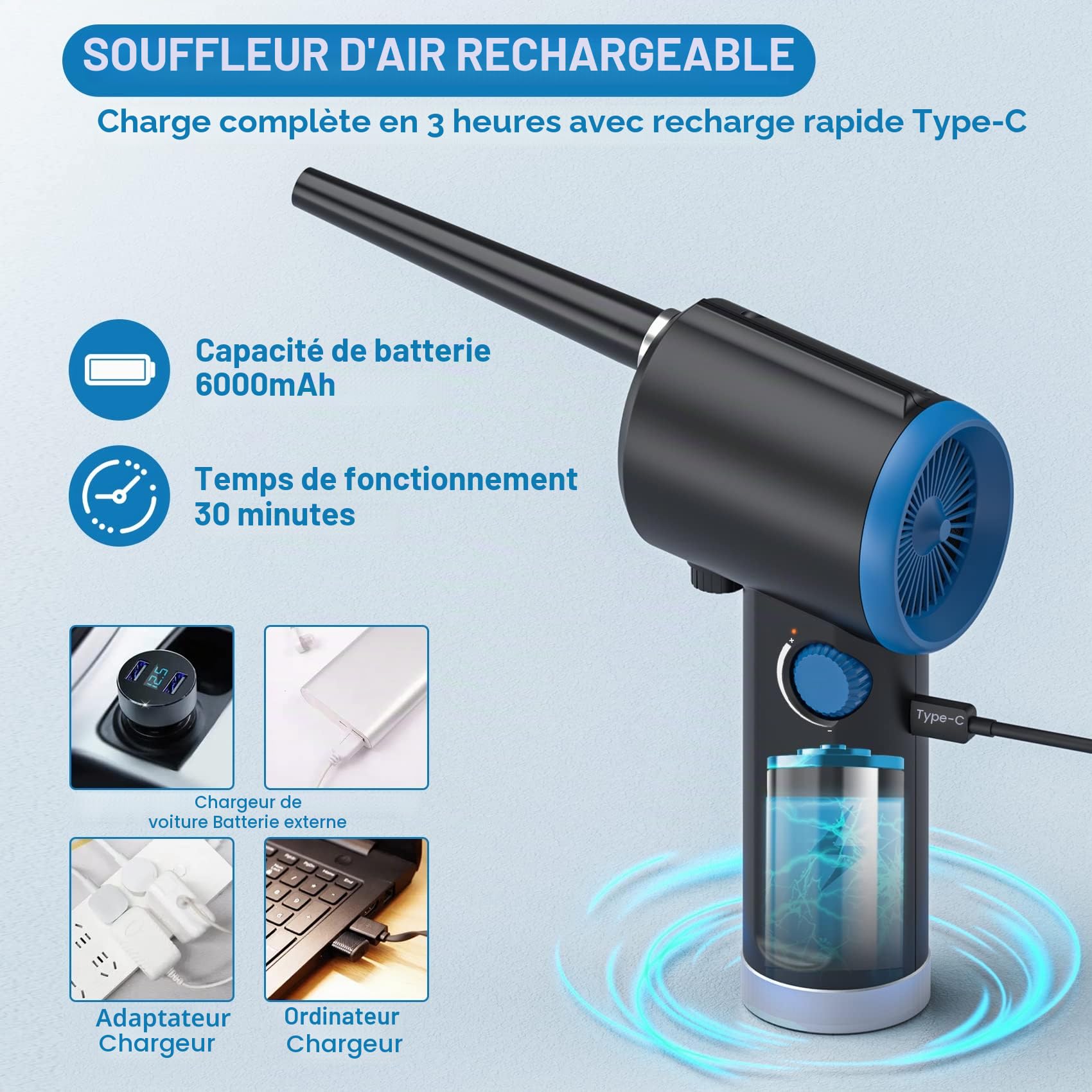 ATEngeus Dépoussiérant Puissants électrique, Dépoussiérant à air Comprimé à vitesse continue, Souffleur Air Comprimé pour le nettoyage du clavier, Souffleur PC d'air rechargeable