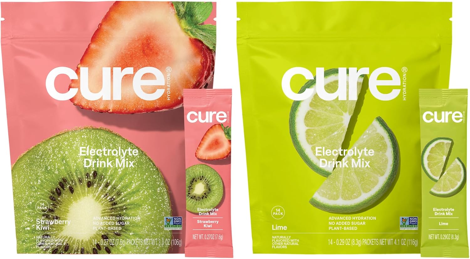 Cure Hydration Bundle | Plant-Based Electrolyte Drink Mix | No Added Sugar | FSA-HSA | Dehydration Relief Powder Made with Coconut Water | Vegan | 28 Packets - Strawberry Kiwi & Lime