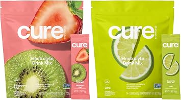 Cure Hydration Bundle | Plant-Based Electrolyte Drink Mix | No Added Sugar | FSA-HSA | Dehydration Relief Powder Made with Coconut Water | Vegan | 28 Packets - Strawberry Kiwi & Lime