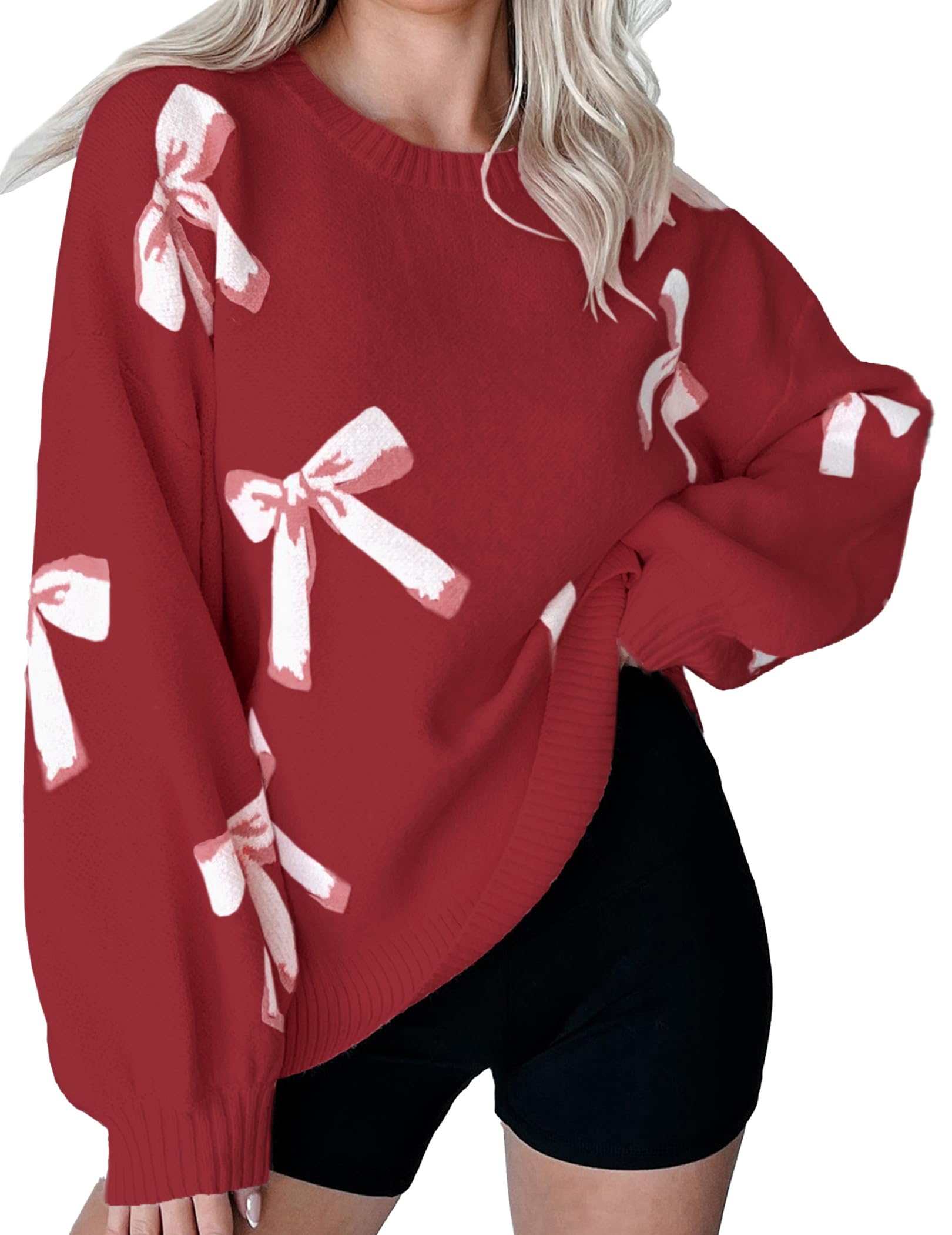 Womens Oversized Cute Bow Tie Sweater Fall 2025 Cozy Chunky Ribbed Knit Crewneck Long Sleeve Pullover Tops