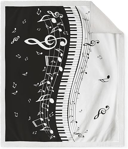 Miniatura 2 de Jekeno Manta abstracta de sherpa negra con notas musicales de piano, suave y cálida, ligera y duradera, acogedora para amantes de la música, regalo