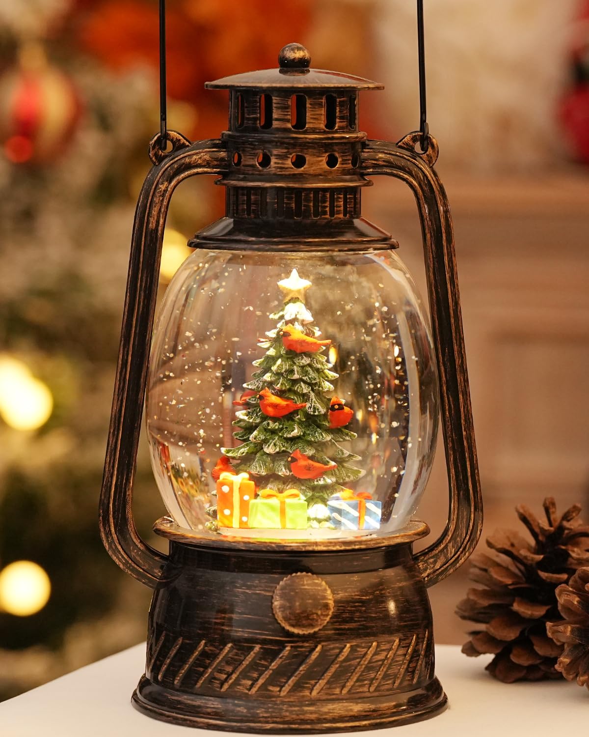 Snow Globe Christmas Decorations, Musical Christmas Snow Globes Glitter Tree Lantern Light Up 6H Time USB Lined/Battery ​Festival Snow Globes for