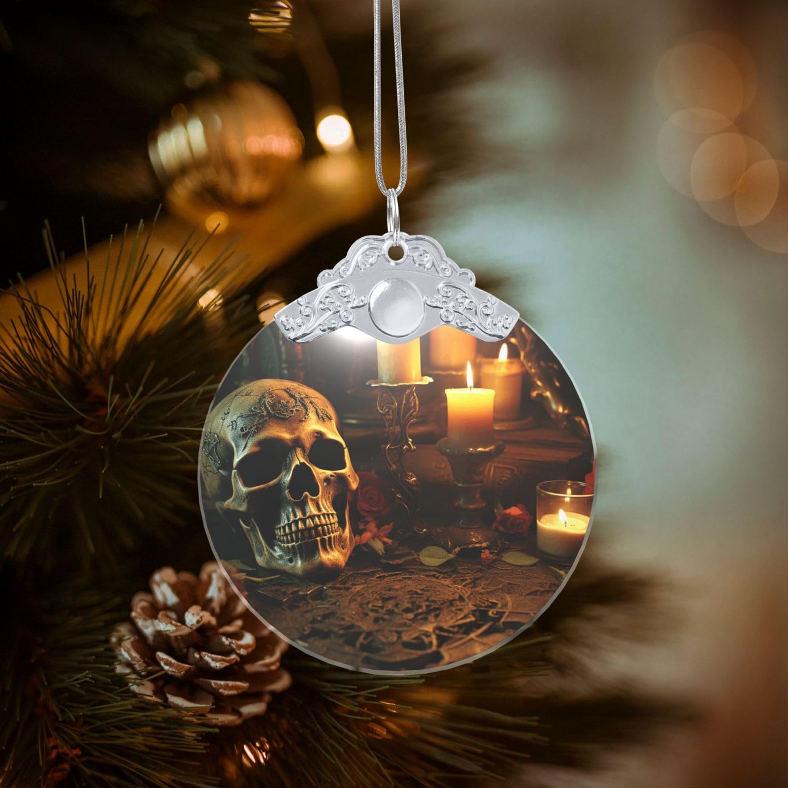 Crystal Christmas Ornaments for Christmas Tree Decoration Hanging Candles and Scary Skull Ornament with Gold Ribbon Crafts Round Pendant for Keepsake Gifts Glass Xmas Decor Party Supplies