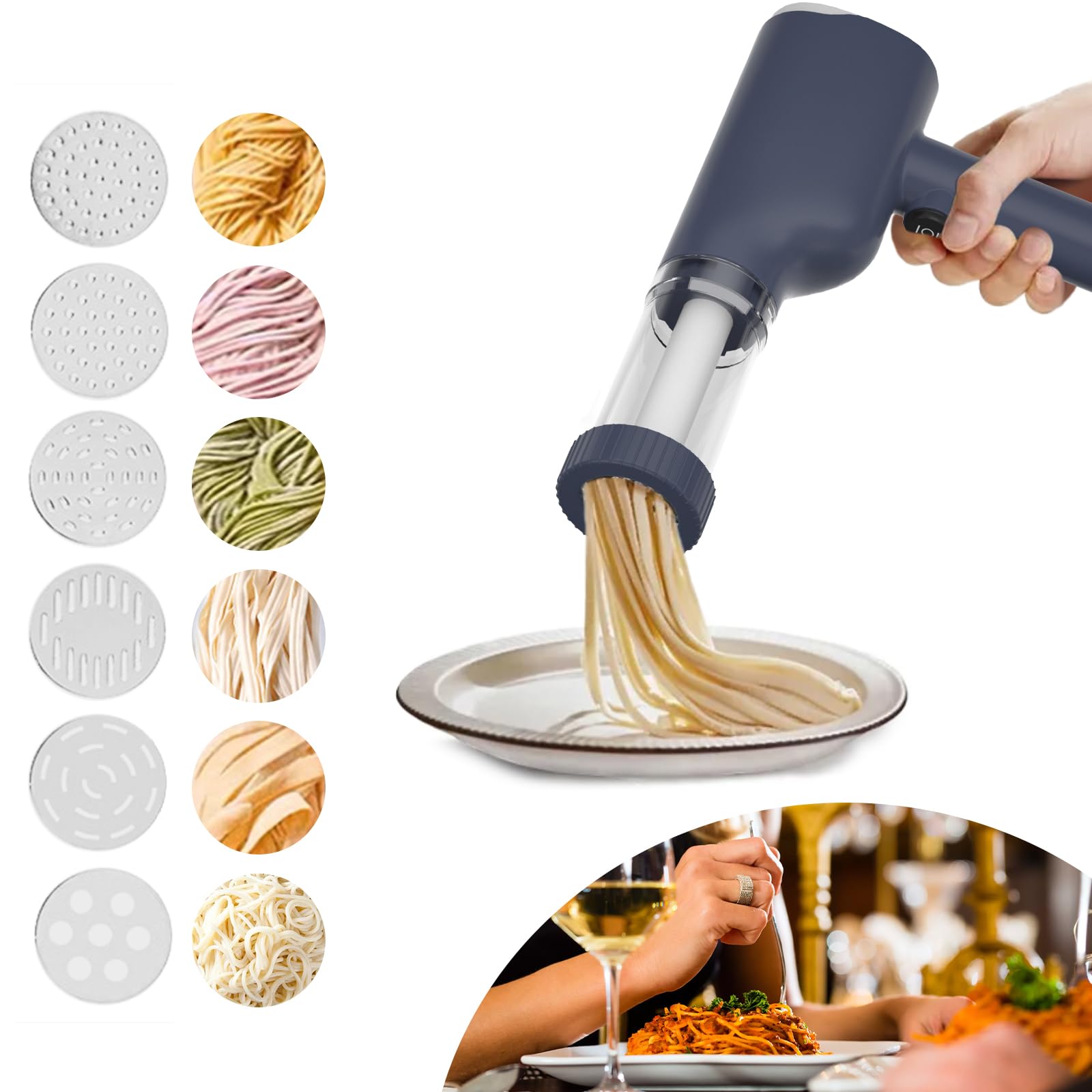 Máquina de Pasta Eléctrica, Máquina de Pasta Portátil de Mano Eléctrica con 6 Modos, Máquina de Pasta Hacer Recargable Eléctrica para El Hogar o Picnic