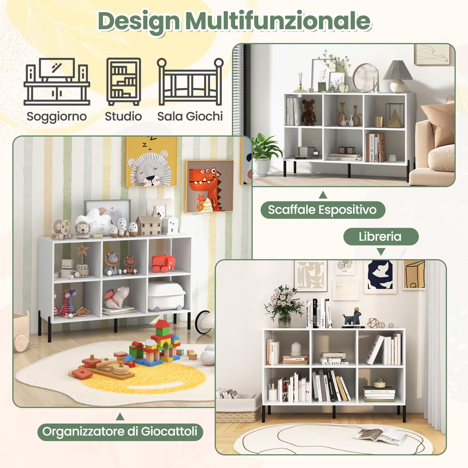 GYMAX Libreria a 6 Cubi, Scaffale a 3 Livelli con 5 Gambe Metalliche, con Ripiani Regolabili, Mobile Moderno per Soggiorno, Studio, Camera da Letto, Ufficio (Bianco)