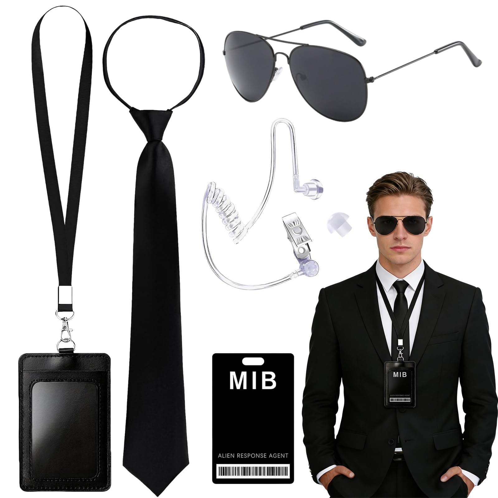 AetMvt 6 PCS Men in Black Costume, Agent Costume with Black Sunglasses Tie Fake Earphone Earplugs ID Card and Card Lanyard