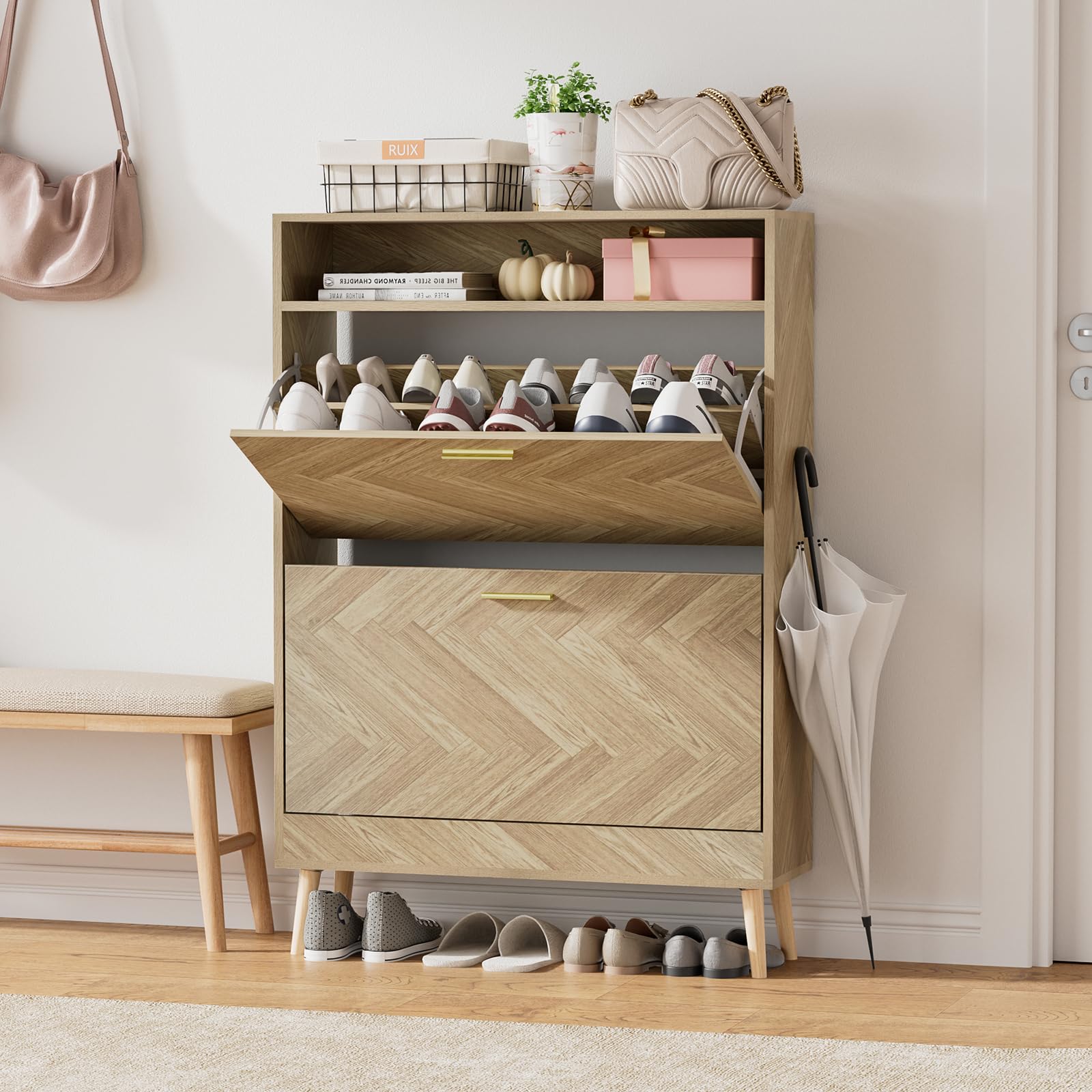Skokliz Shoe Storage Cabinet, Narrow Shoes Cupboard with 2 Flip Drawers and Open Compartment, Hidden Wood Shoe Rack with Adjustable Shelves Freestanding for 10-12 Pairs Shoes, 80 x 24 x 115 cm
