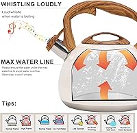 Vista 2 de Tetera, Vegoran Tetera Silbante de 100 OZ / 3 Litros, Teteras para Estufa de Acero Inoxidable Grado Alimenticio con Mango Plegable