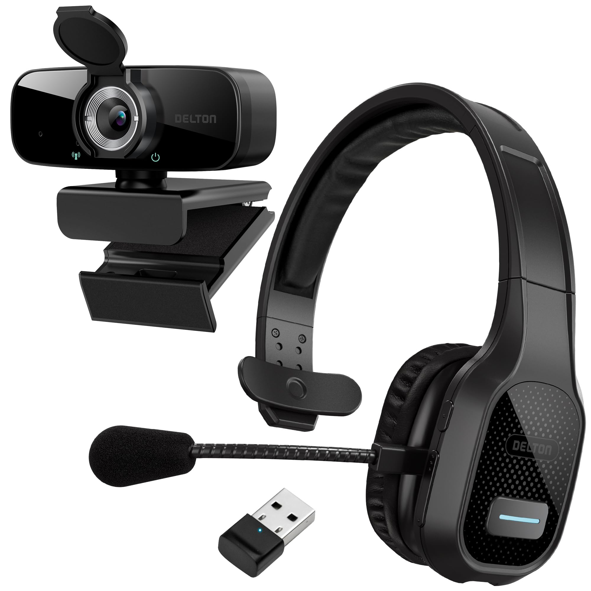 Delton Cuffie wireless professionali con webcam USB HD 1080p, cuffie Bluetooth Trucker con microfono a cancellazione del rumore, compatibili con telefoni cellulari, autisti, ufficio, lavoro call
